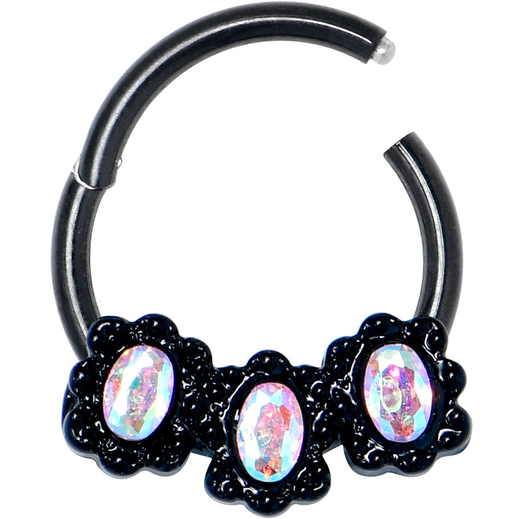 BodyCandy 16G 3/8 Aurora Gem Black Magical Ovals Hinged Segment Ring — detail close-up