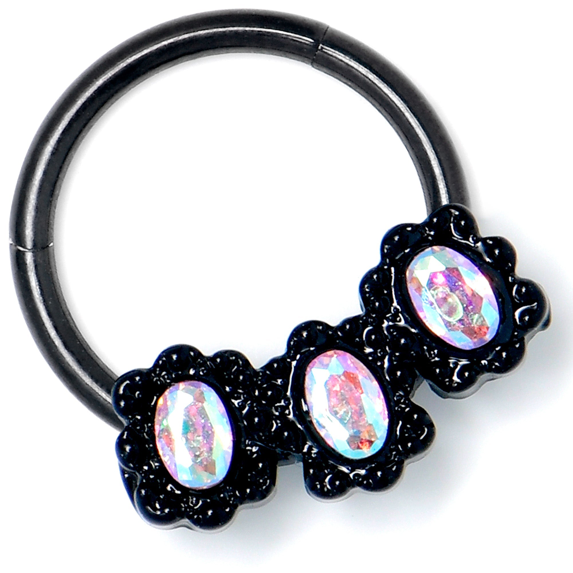 BodyCandy 16G 3/8 Aurora Gem Black Magical Ovals Hinged Segment Ring — lifestyle context