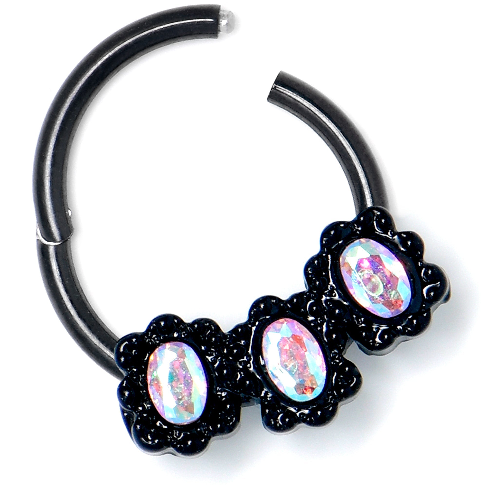 BodyCandy 16G 3/8 Aurora Gem Black Magical Ovals Hinged Segment Ring — side view