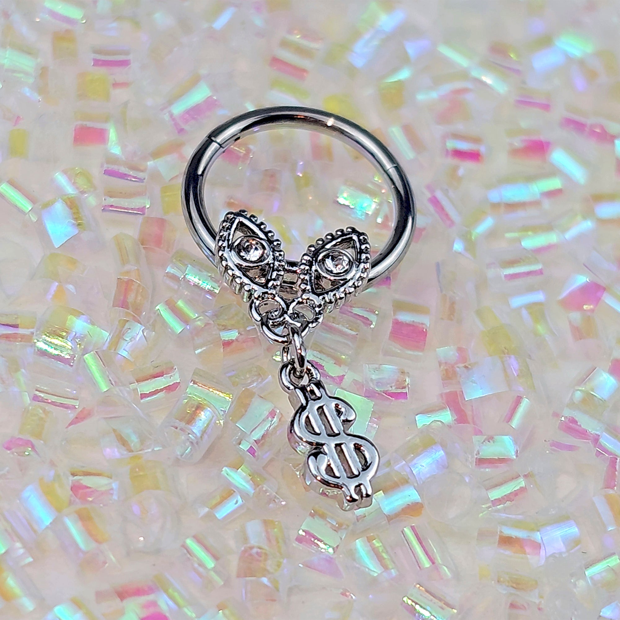 BodyCandy 16G 3/8 Clear Gem Dollar Sign Dangle Hinged Segment Ring — main product shot