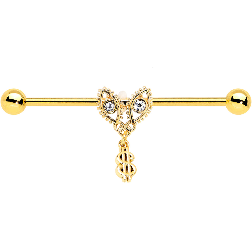 BodyCandy 14G Clear Gem Gold Hue Seeing Money Dangle Industrial Barbell 38mm — detail close-up