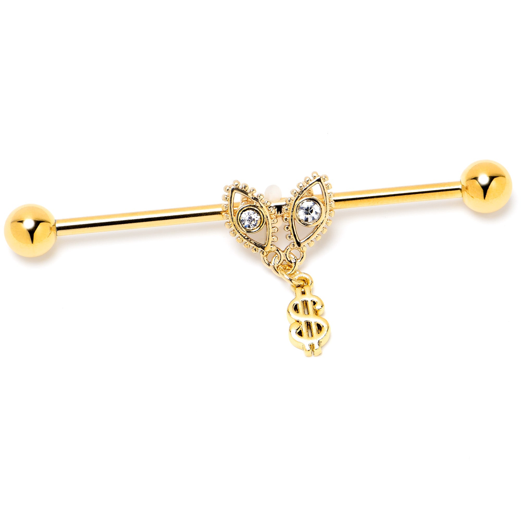 BodyCandy 14G Clear Gem Gold Hue Seeing Money Dangle Industrial Barbell 38mm — lifestyle context