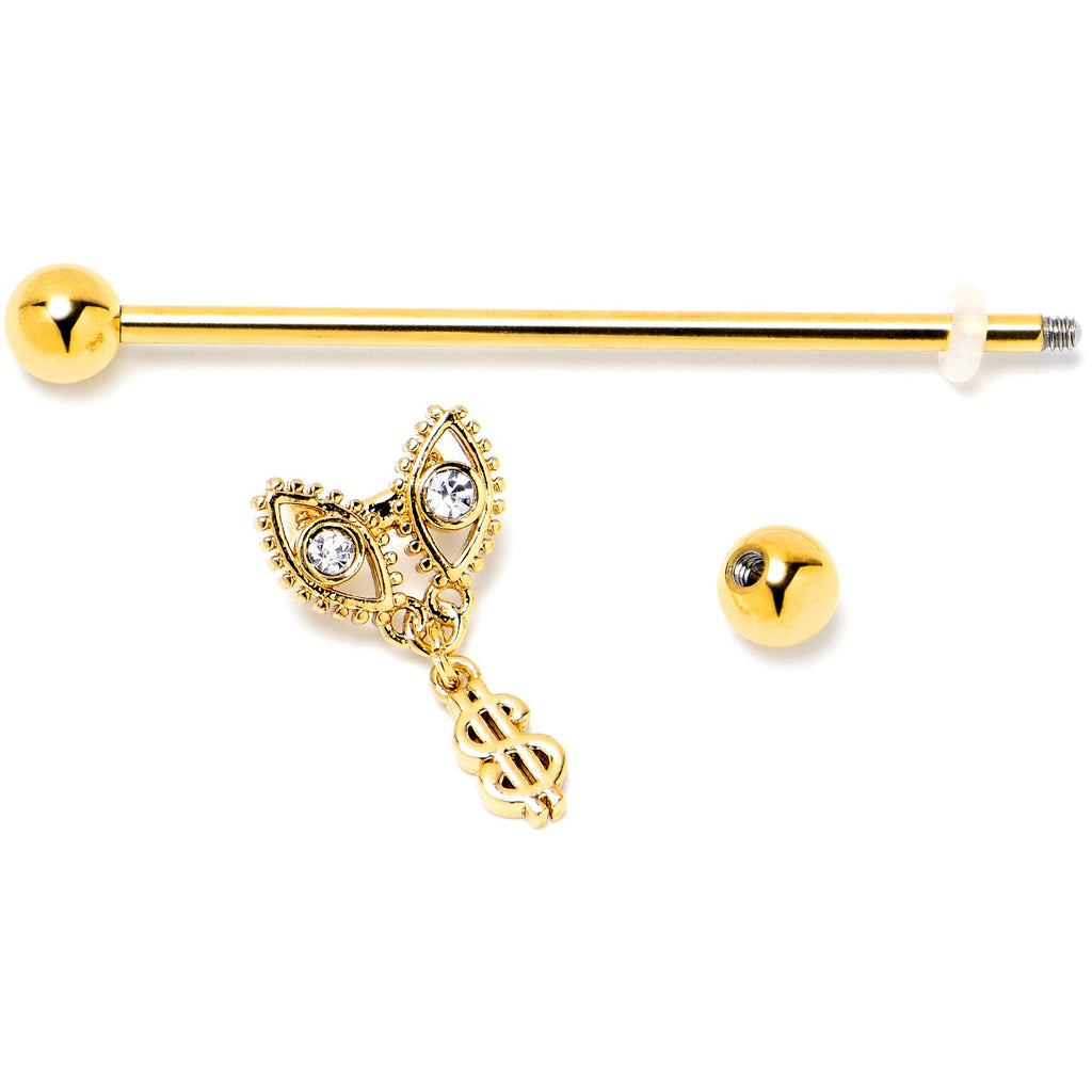 BodyCandy 14G Clear Gem Gold Hue Seeing Money Dangle Industrial Barbell 38mm — side view