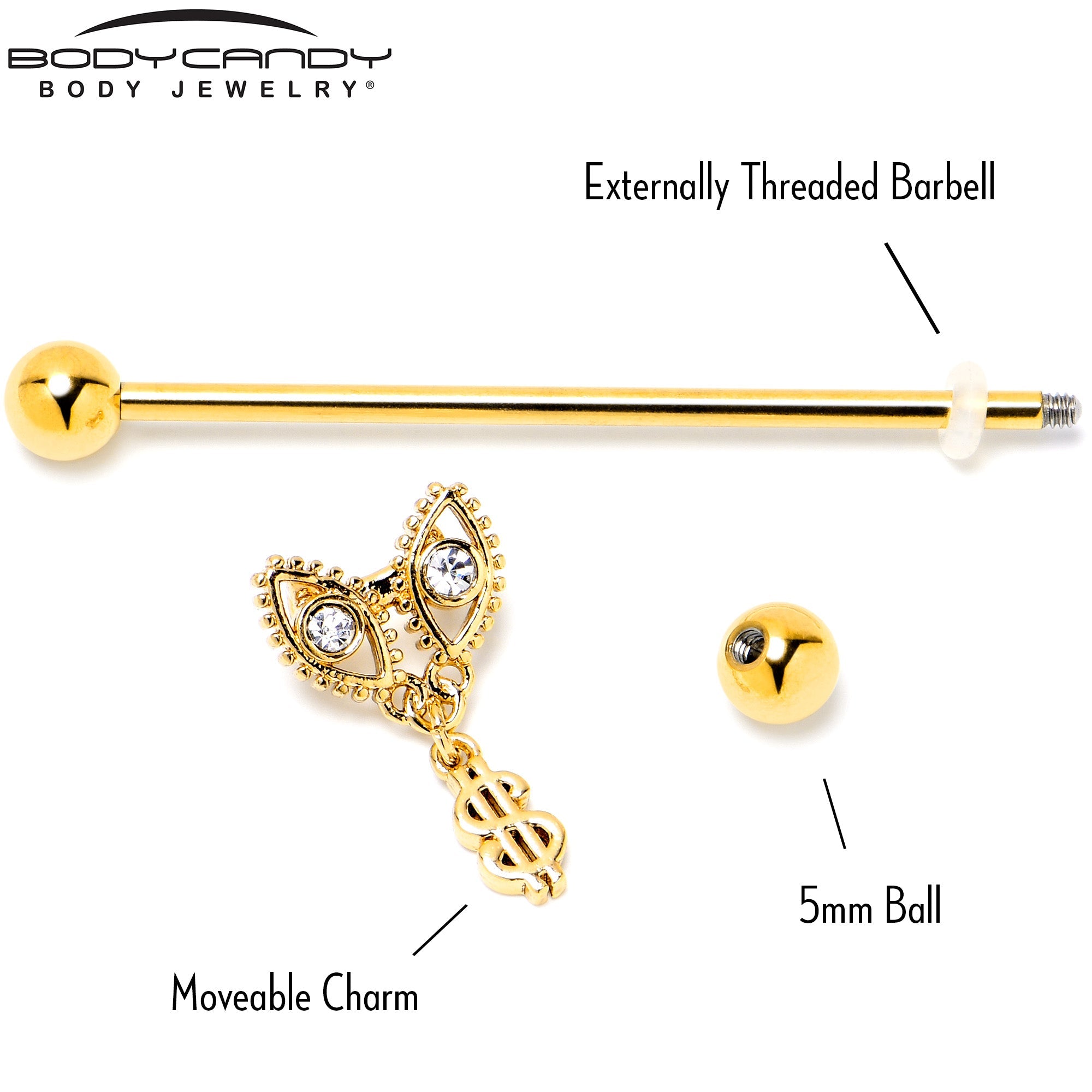 BodyCandy 14G Clear Gem Gold Hue Seeing Money Dangle Industrial Barbell 38mm — back view