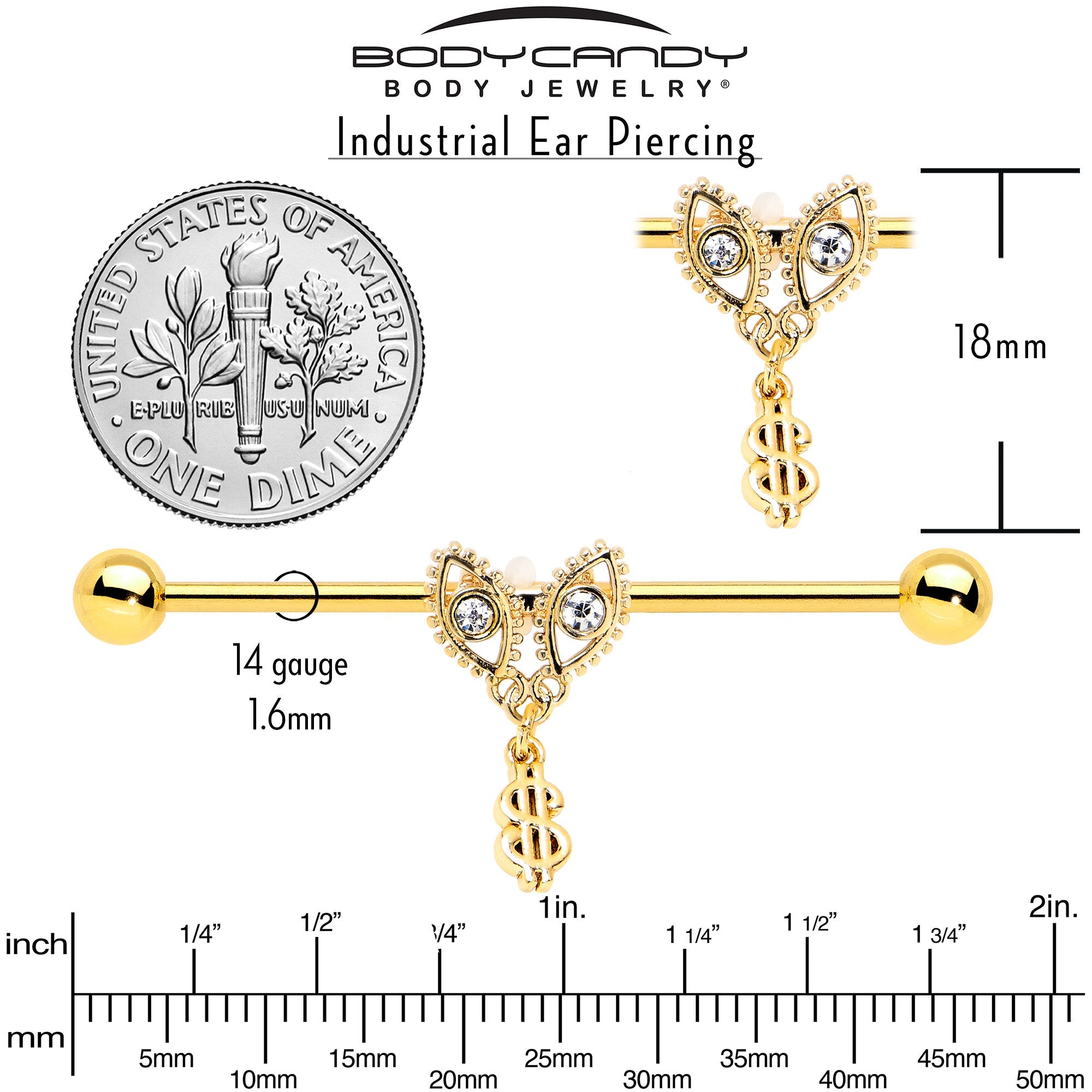 BodyCandy 14G Clear Gem Gold Hue Seeing Money Dangle Industrial Barbell 38mm — alternative angle