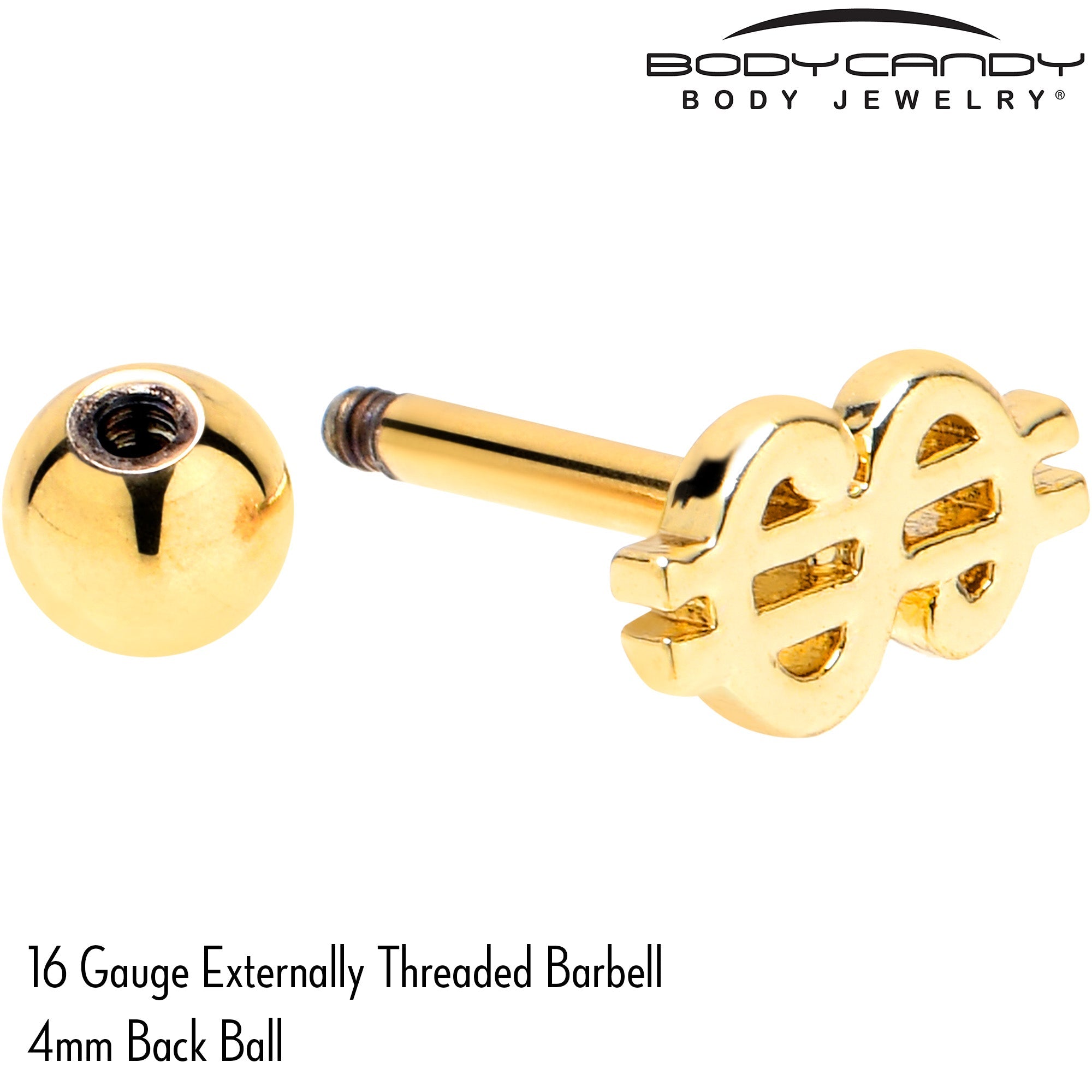 BodyCandy 16G 1/4 Gold Tone Dollar Sign Cartilage Tragus Earring — back view