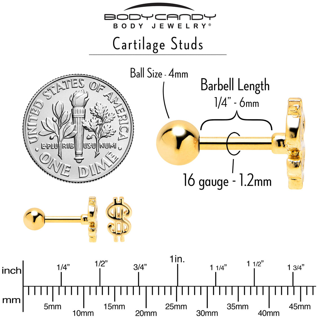 BodyCandy 16G 1/4 Gold Tone Dollar Sign Cartilage Tragus Earring — alternative angle