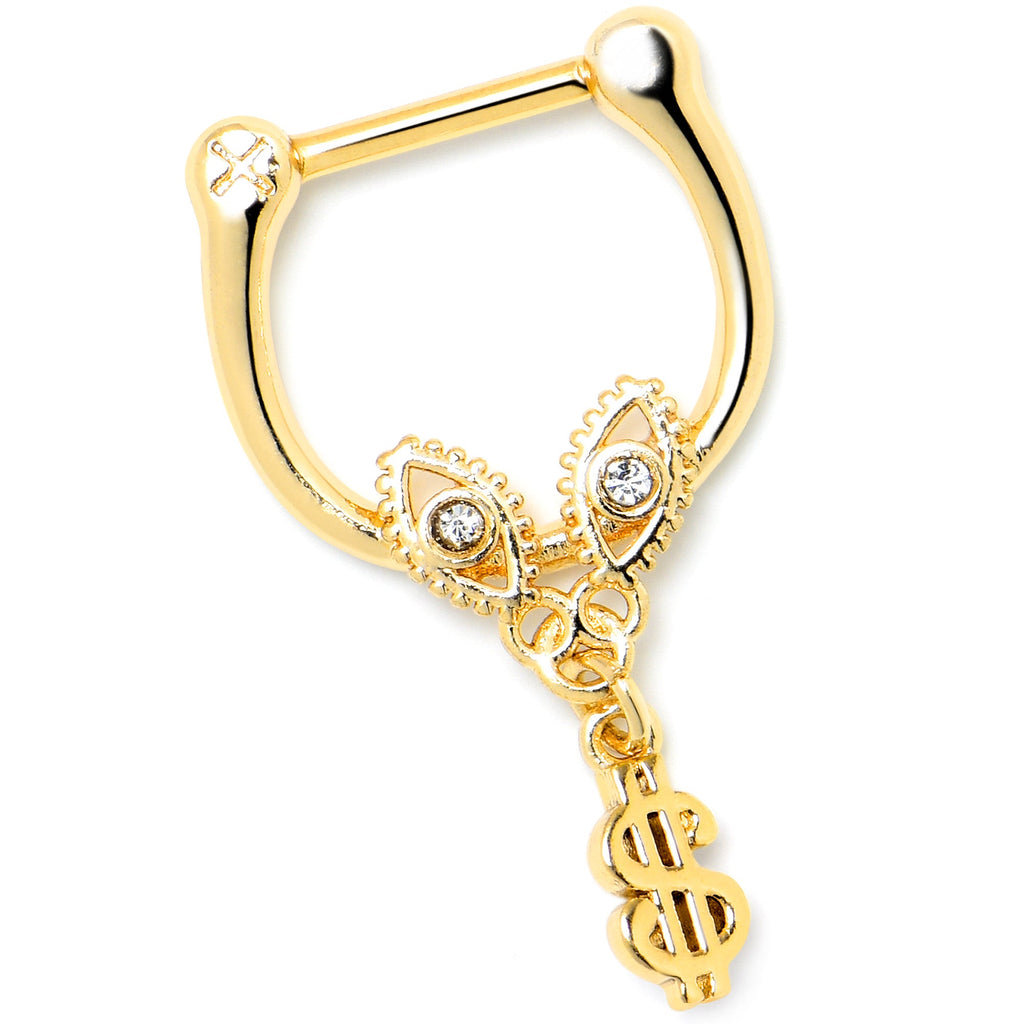 BodyCandy 16G 5/16 Clear Gem Gold Hue Seeing Money Dangle Cartilage Clicker — detail close-up