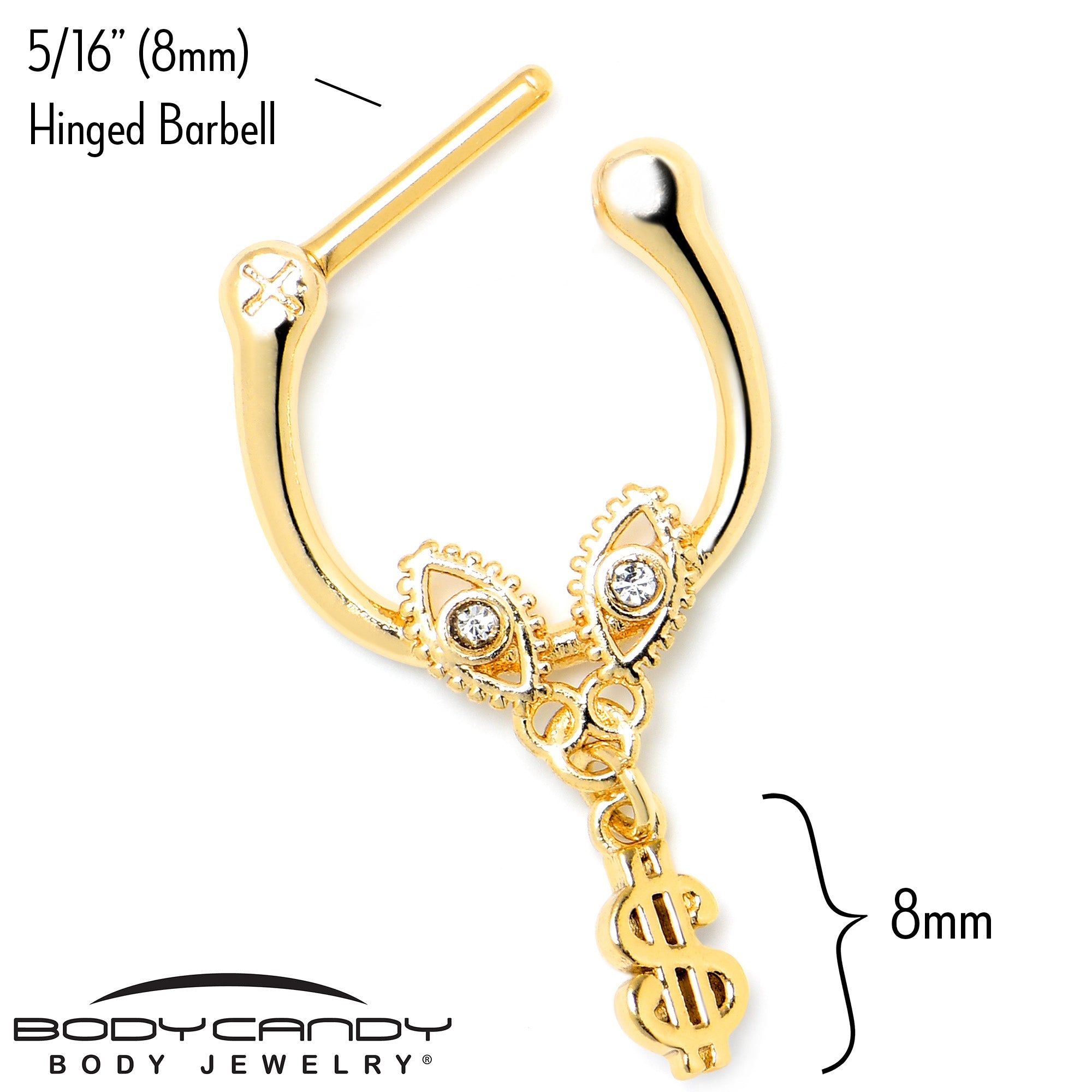 BodyCandy 16G 5/16 Clear Gem Gold Hue Seeing Money Dangle Cartilage Clicker — side view