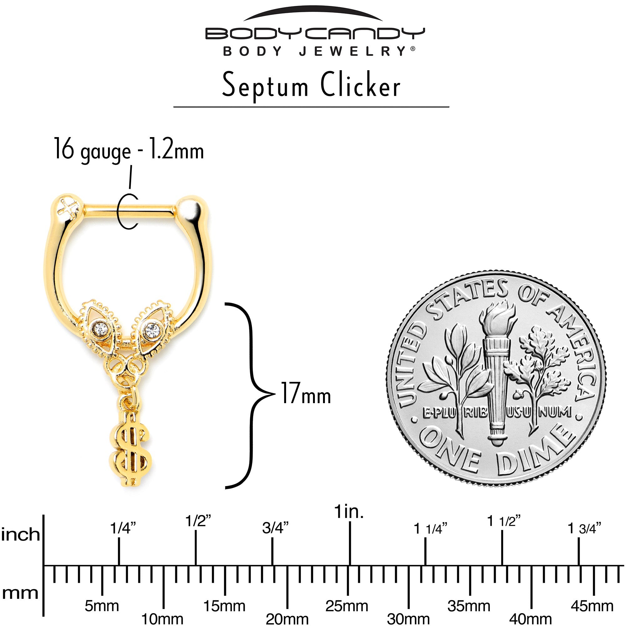 BodyCandy 16G 5/16 Clear Gem Gold Hue Seeing Money Dangle Cartilage Clicker — back view