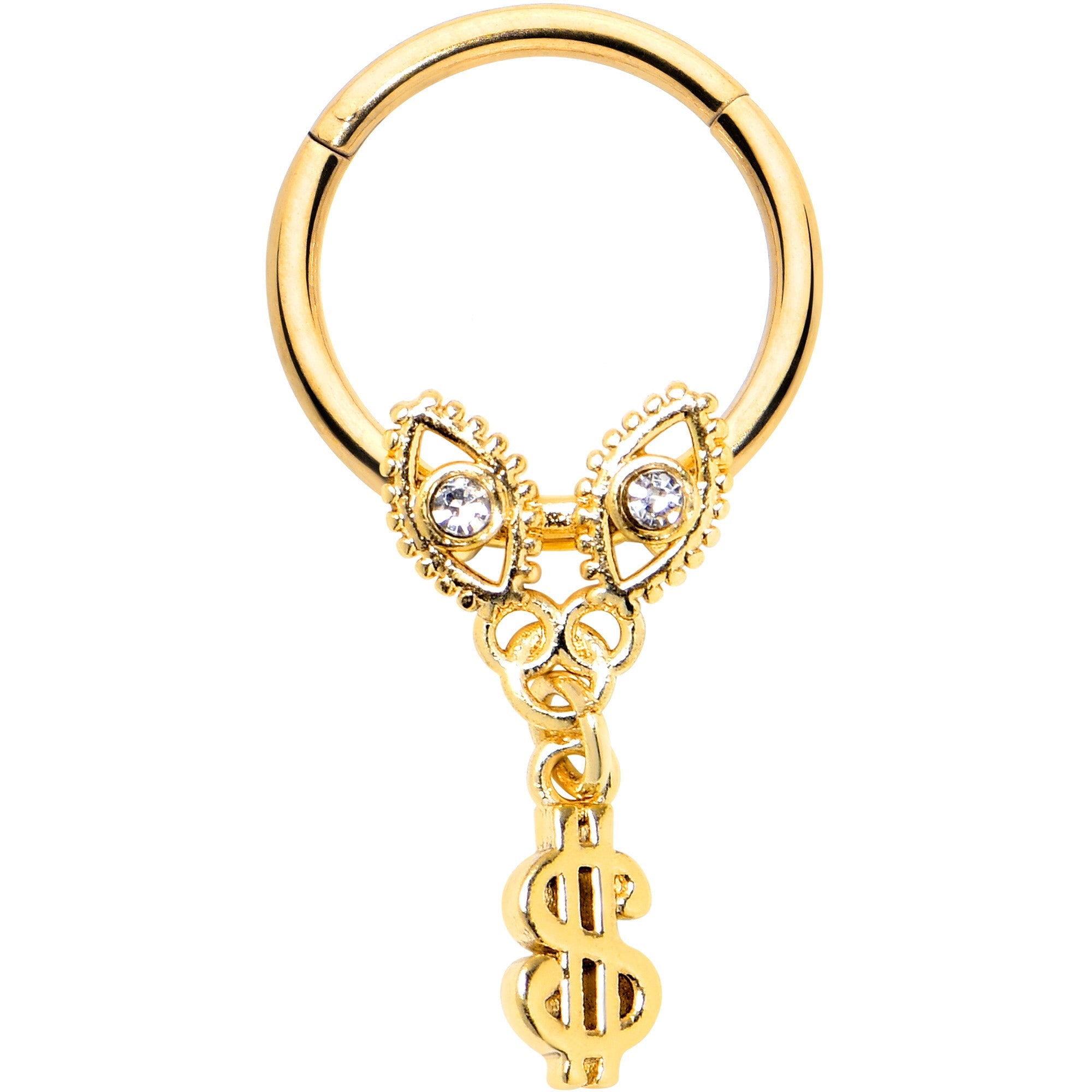 BodyCandy 16G 3/8 Clear Gem Gold Hue Seeing Money Dangle Hinged Segment Ring — main product shot