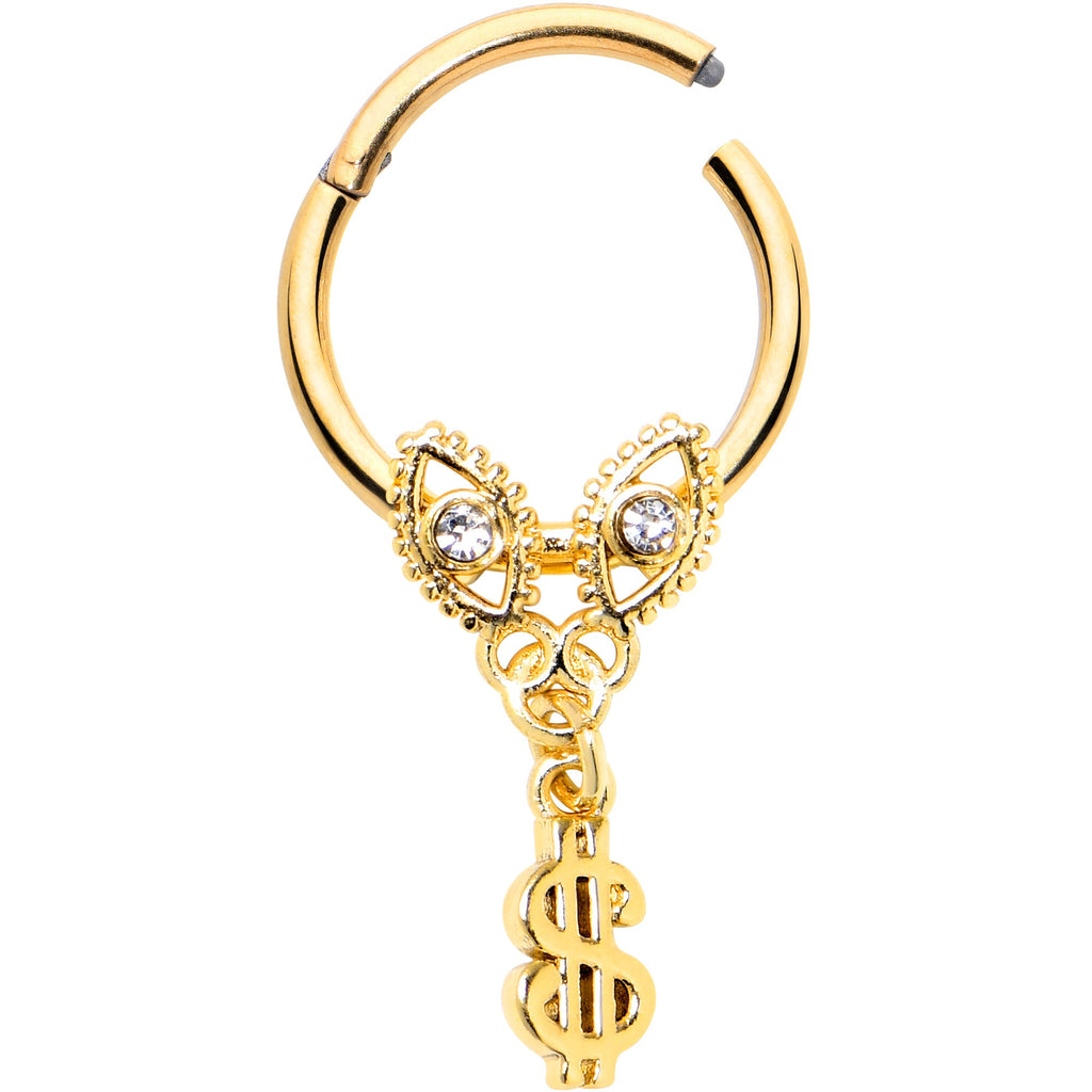 BodyCandy 16G 3/8 Clear Gem Gold Hue Seeing Money Dangle Hinged Segment Ring — detail close-up