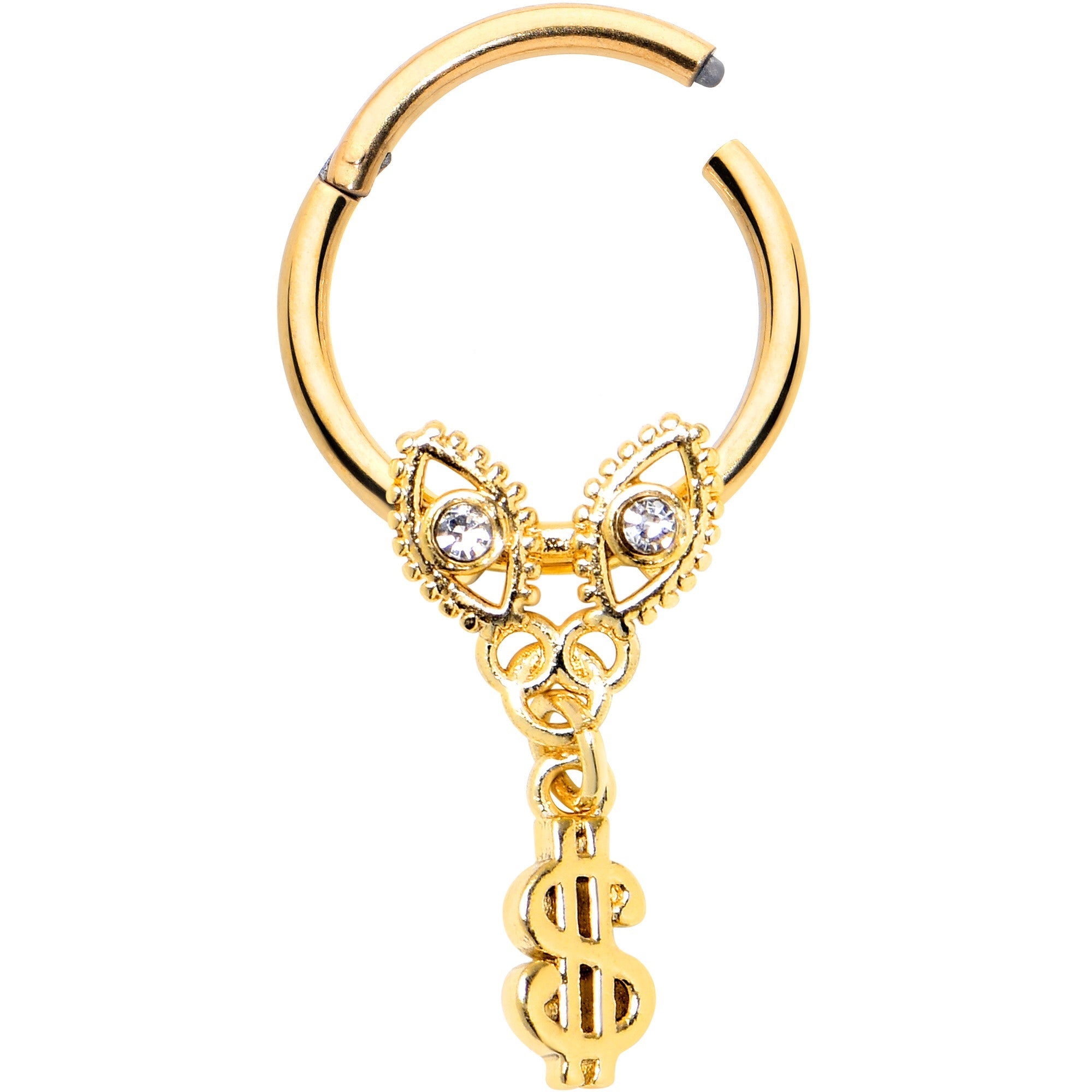 BodyCandy 16G 3/8 Clear Gem Gold Hue Seeing Money Dangle Hinged Segment Ring — detail close-up