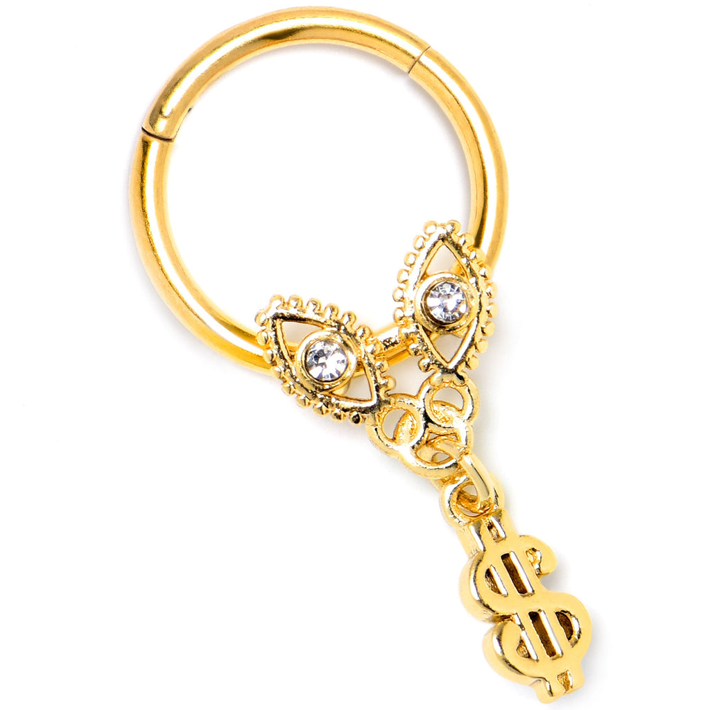 BodyCandy 16G 3/8 Clear Gem Gold Hue Seeing Money Dangle Hinged Segment Ring — lifestyle context