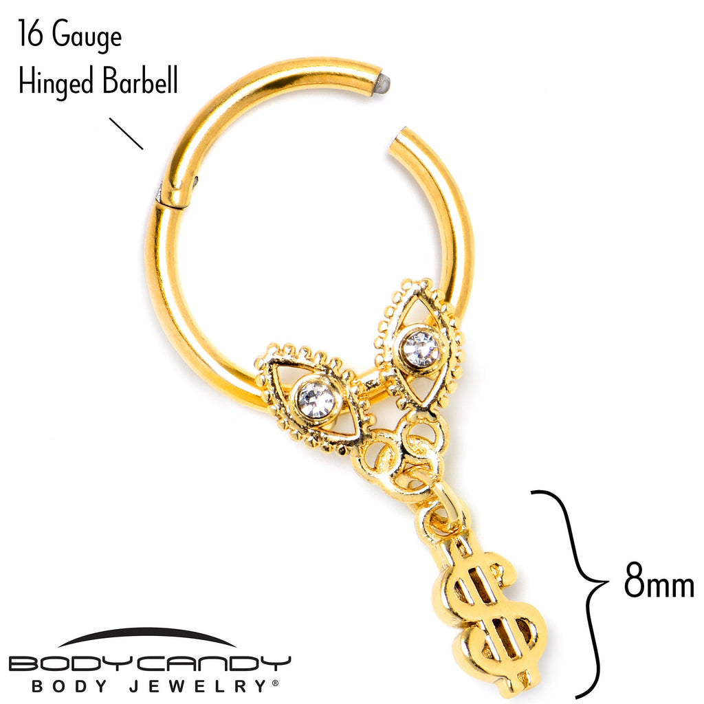 BodyCandy 16G 3/8 Clear Gem Gold Hue Seeing Money Dangle Hinged Segment Ring — side view