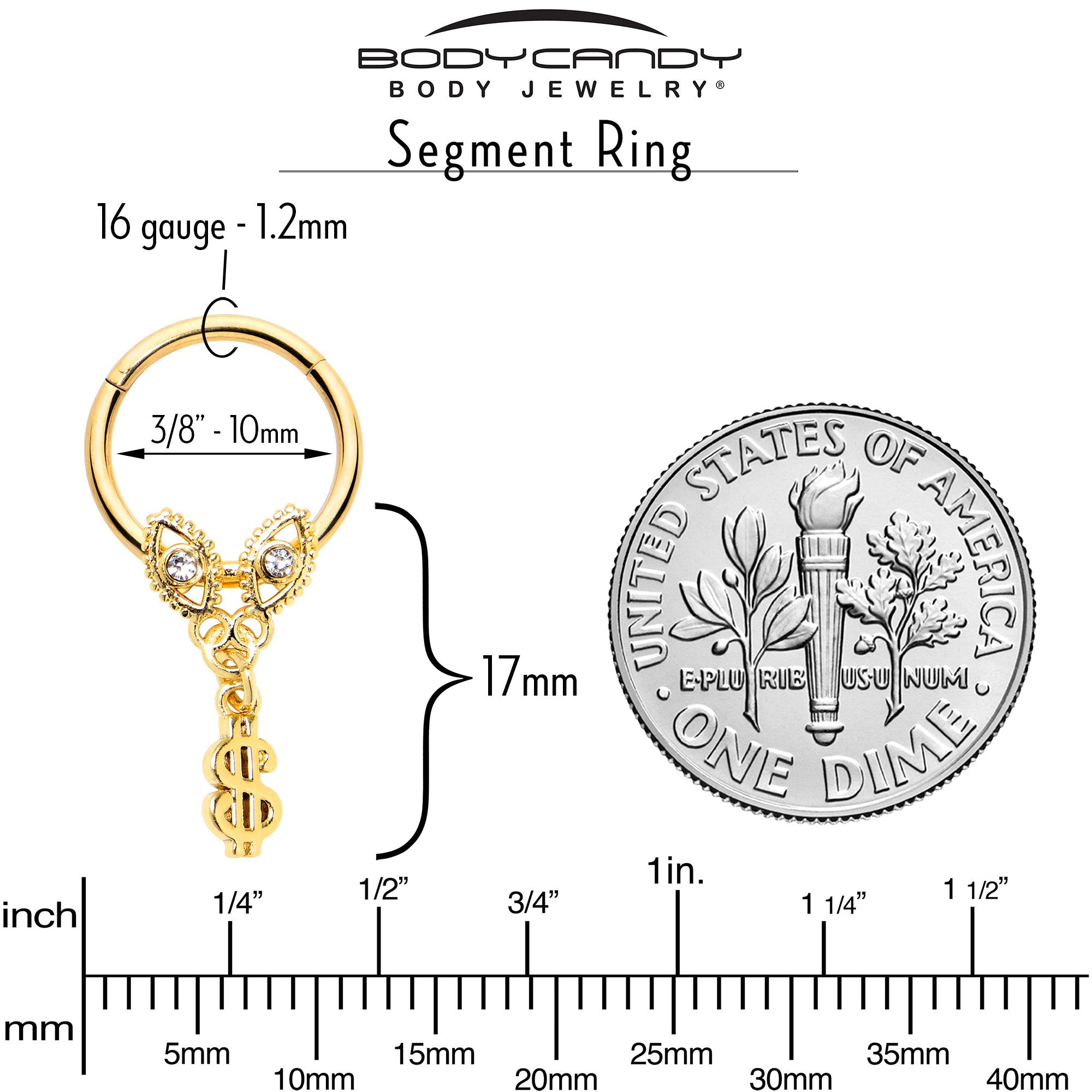 BodyCandy 16G 3/8 Clear Gem Gold Hue Seeing Money Dangle Hinged Segment Ring — back view
