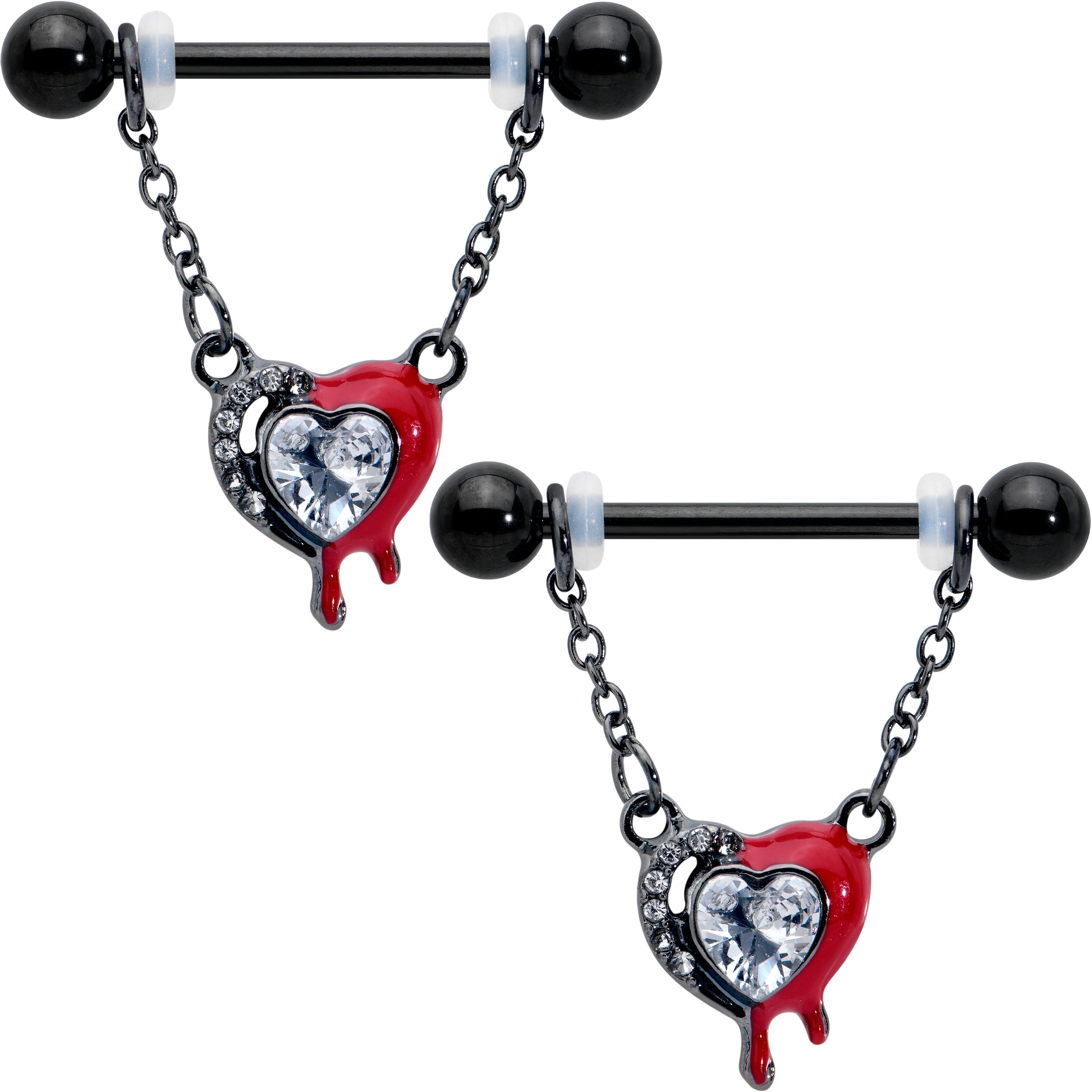 BodyCandy 14G 9/16 Clear Gem Black Bleeding Heart Chain Dangle Nipple Ring Set — main product shot