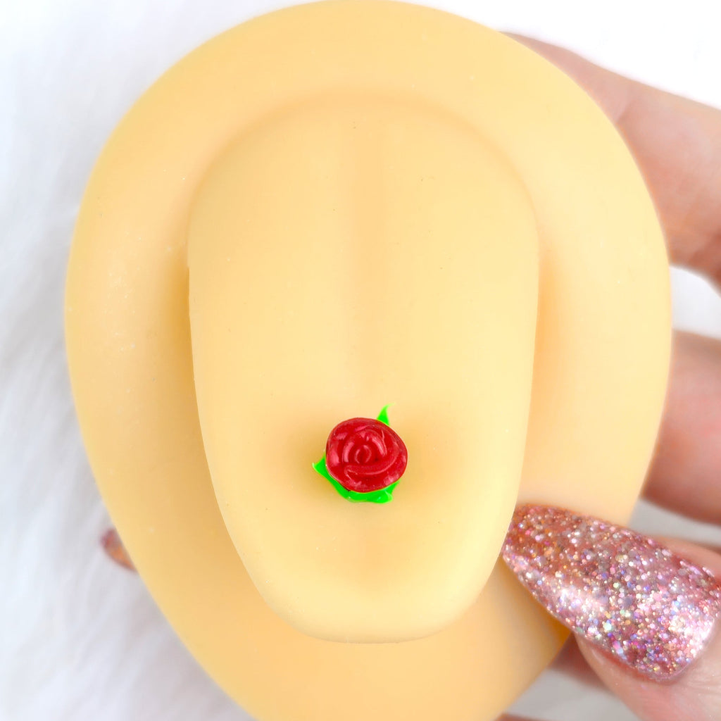 BodyCandy Red Gem Rose Heart Barbell Tongue Ring Set of 4 — detail close-up