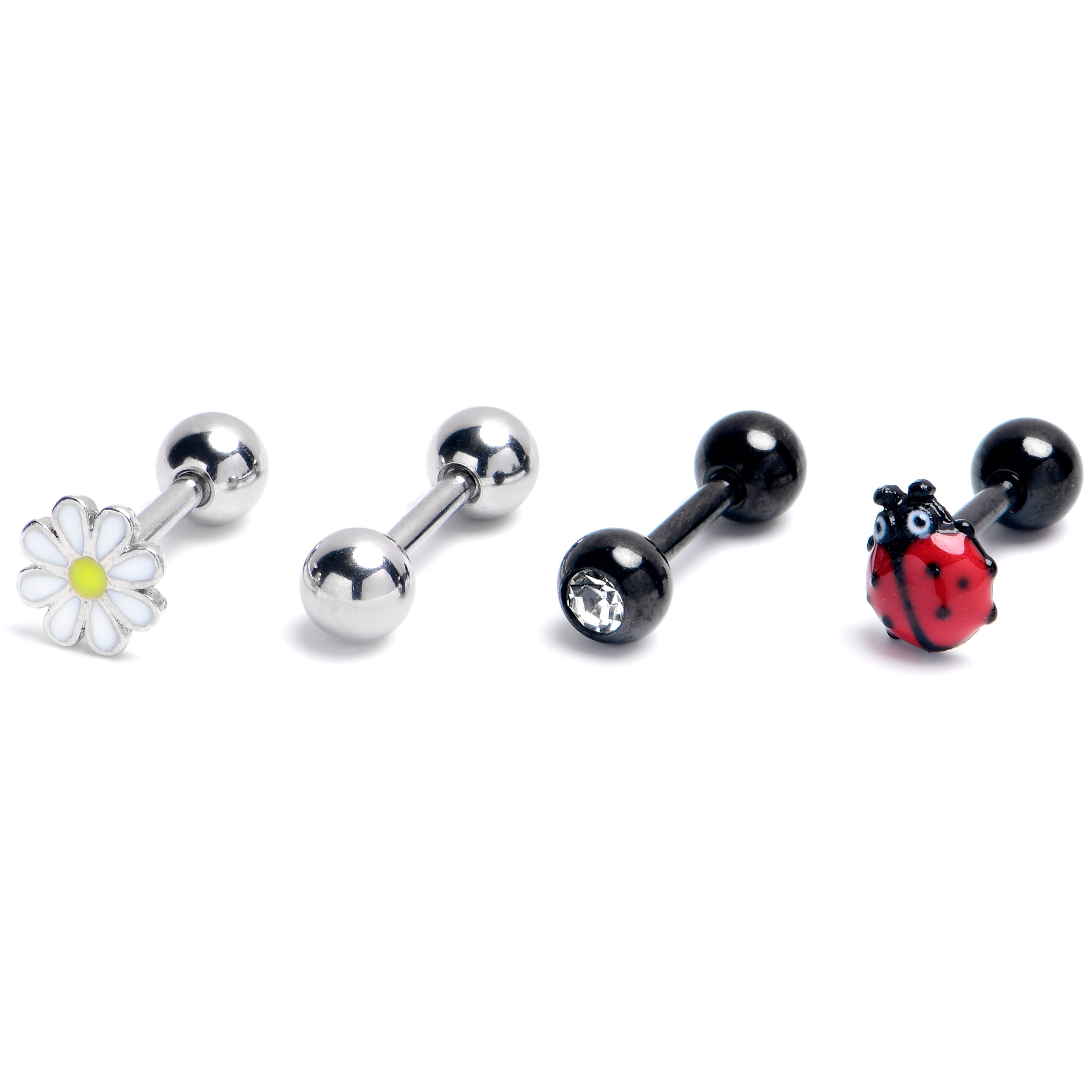 BodyCandy 16G 1/4 Clear Gem Black Daisy Ladybug Cartilage Earring Curation Set of 4 — main product shot
