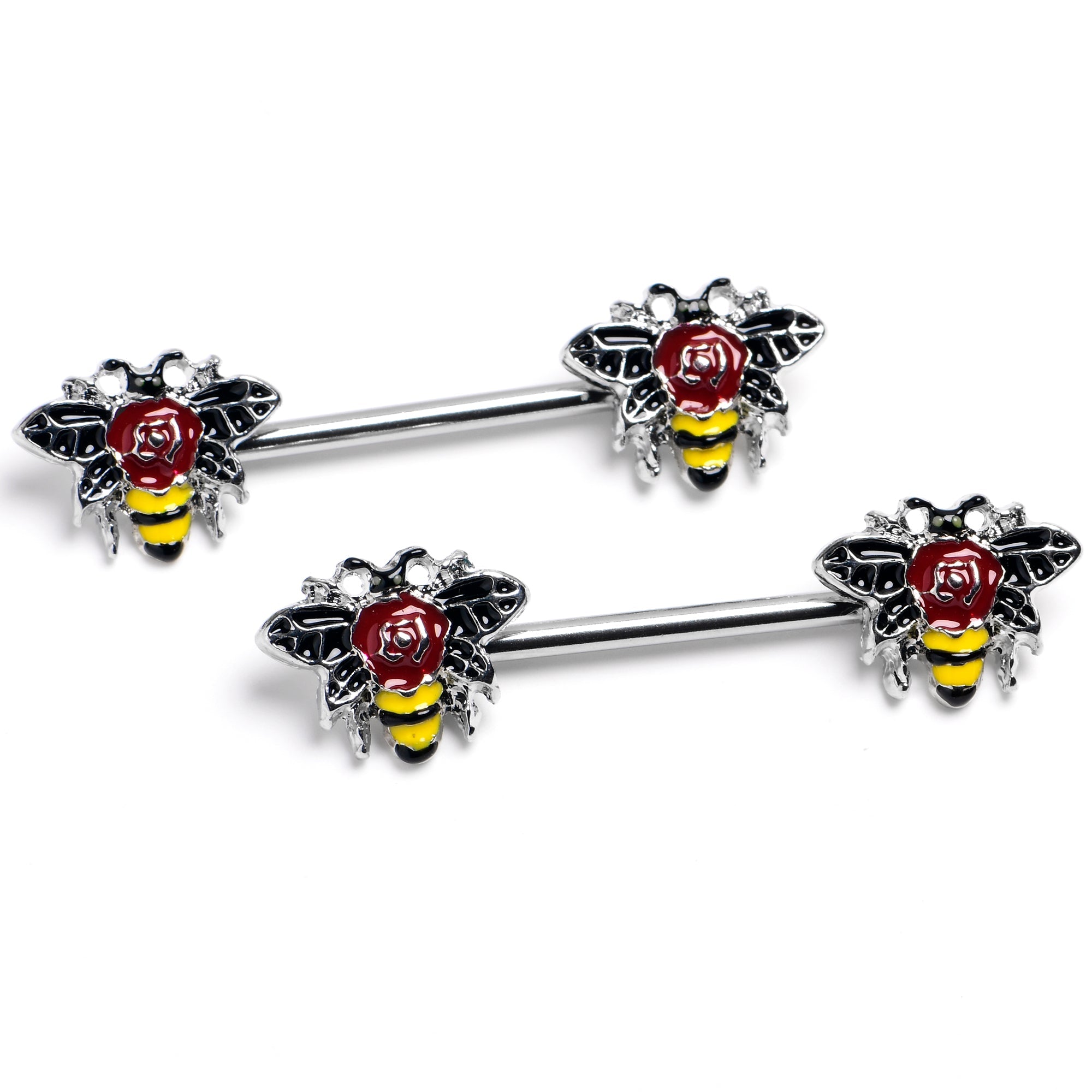 BodyCandy 14G 9/16 Buzzing Bee Rose Flower Barbell Nipple Ring Set — main product shot