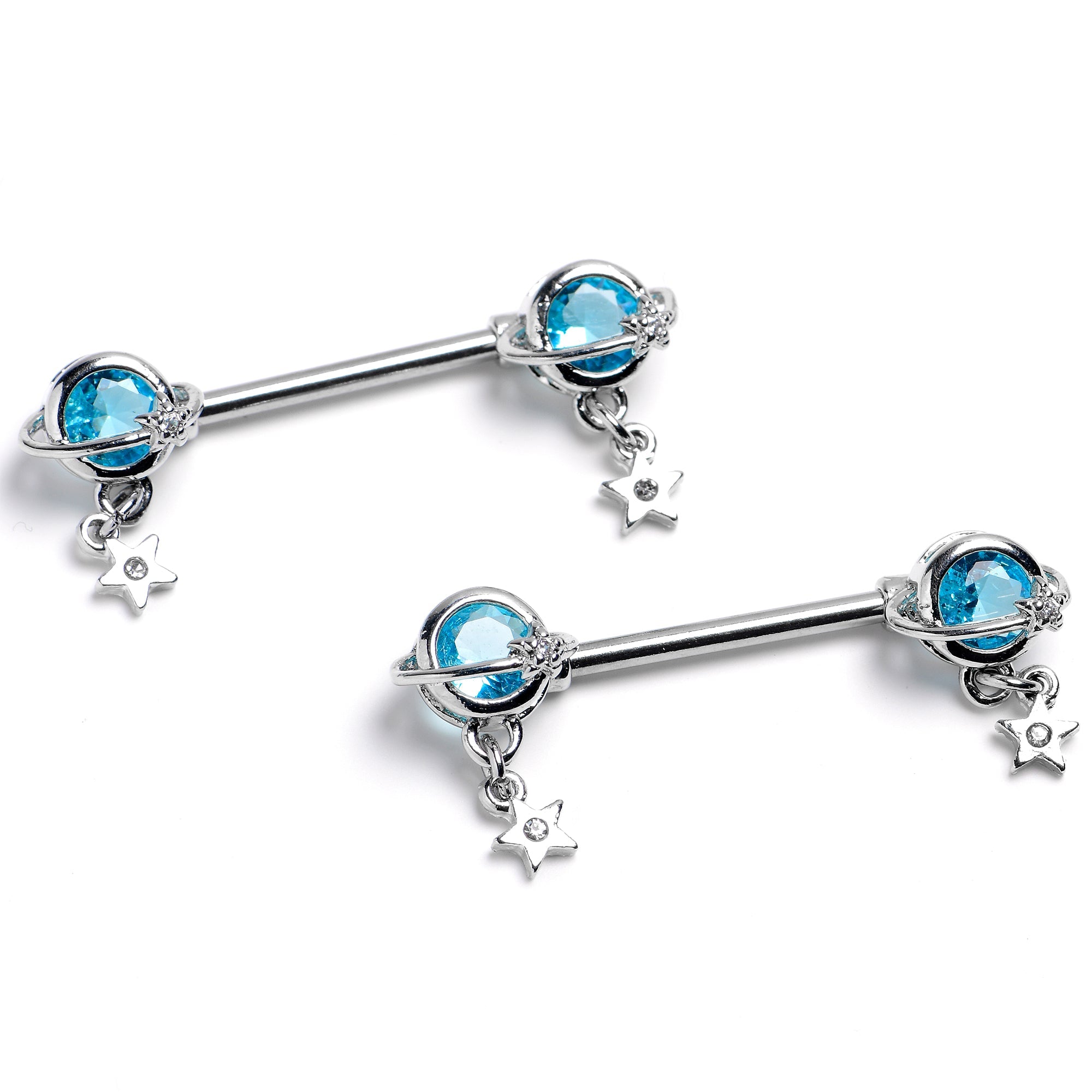 BodyCandy 14G 9/16 Blue CZ Gem Starry Saturn Dangle Nipple Ring Set — main product shot