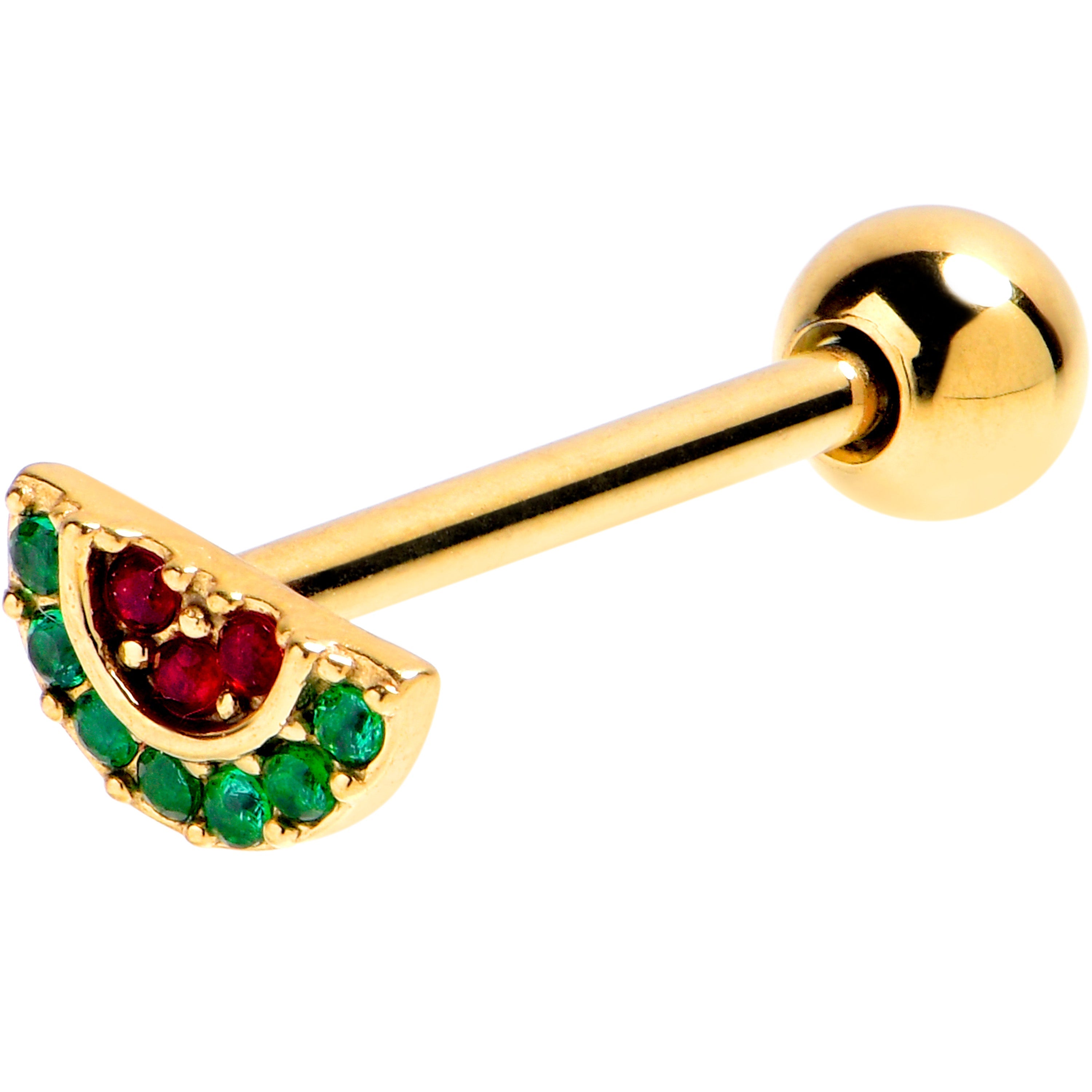 BodyCandy Red Green Gem Gold Tone Yum Watermelon Slice Barbell Tongue Ring — main product shot