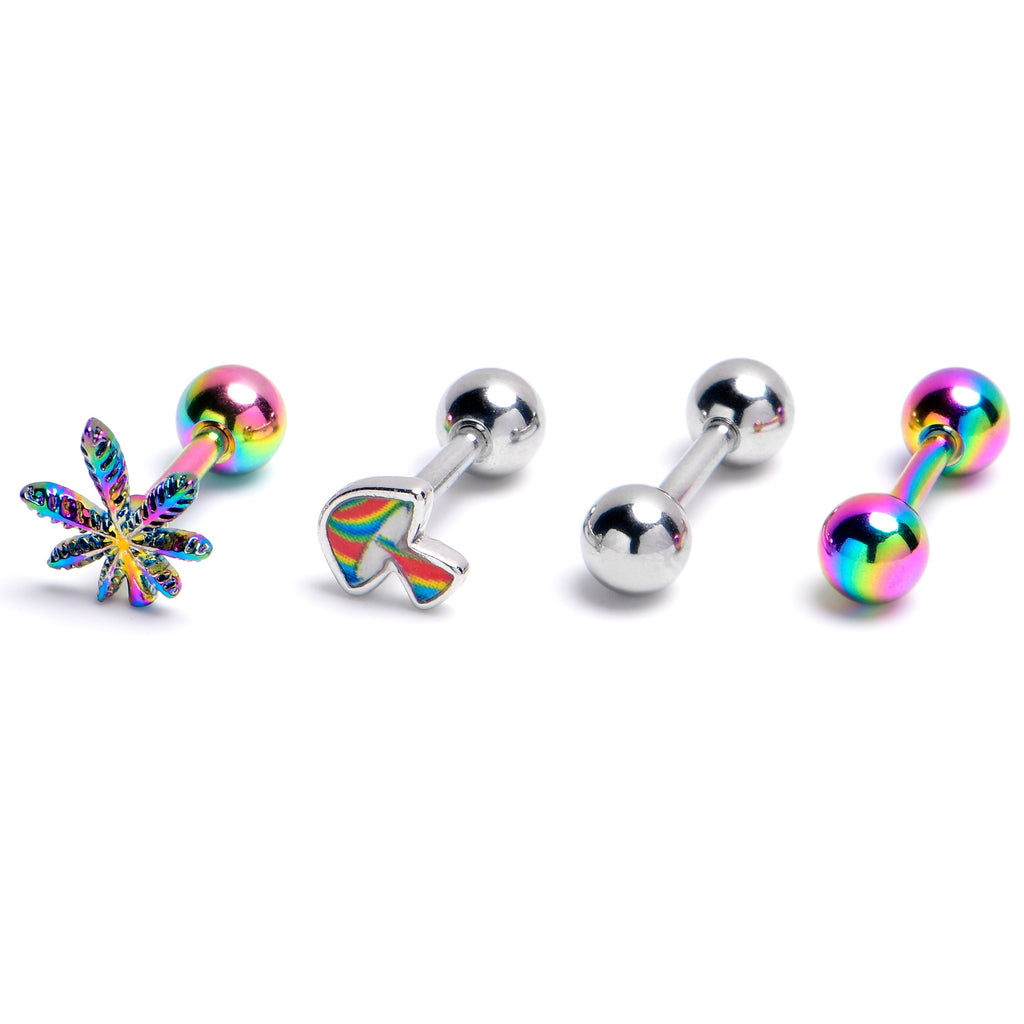 BodyCandy 16G 1/4 Rainbow Pot Leaf Mushroom Cartilage Earring Curation Set of 4 — main product shot