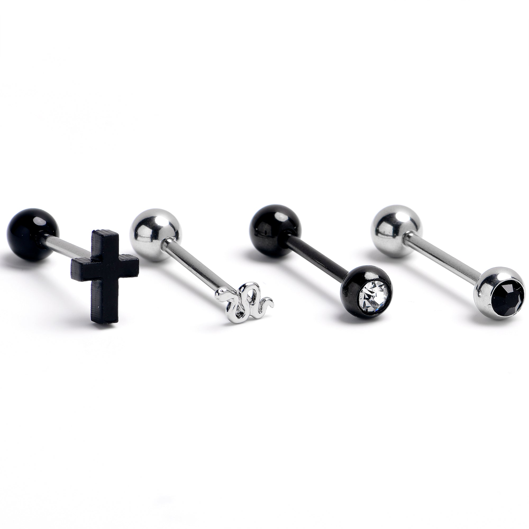BodyCandy Black Clear Gem Snake Cross Barbell Tongue Ring Set of 4 — main product shot
