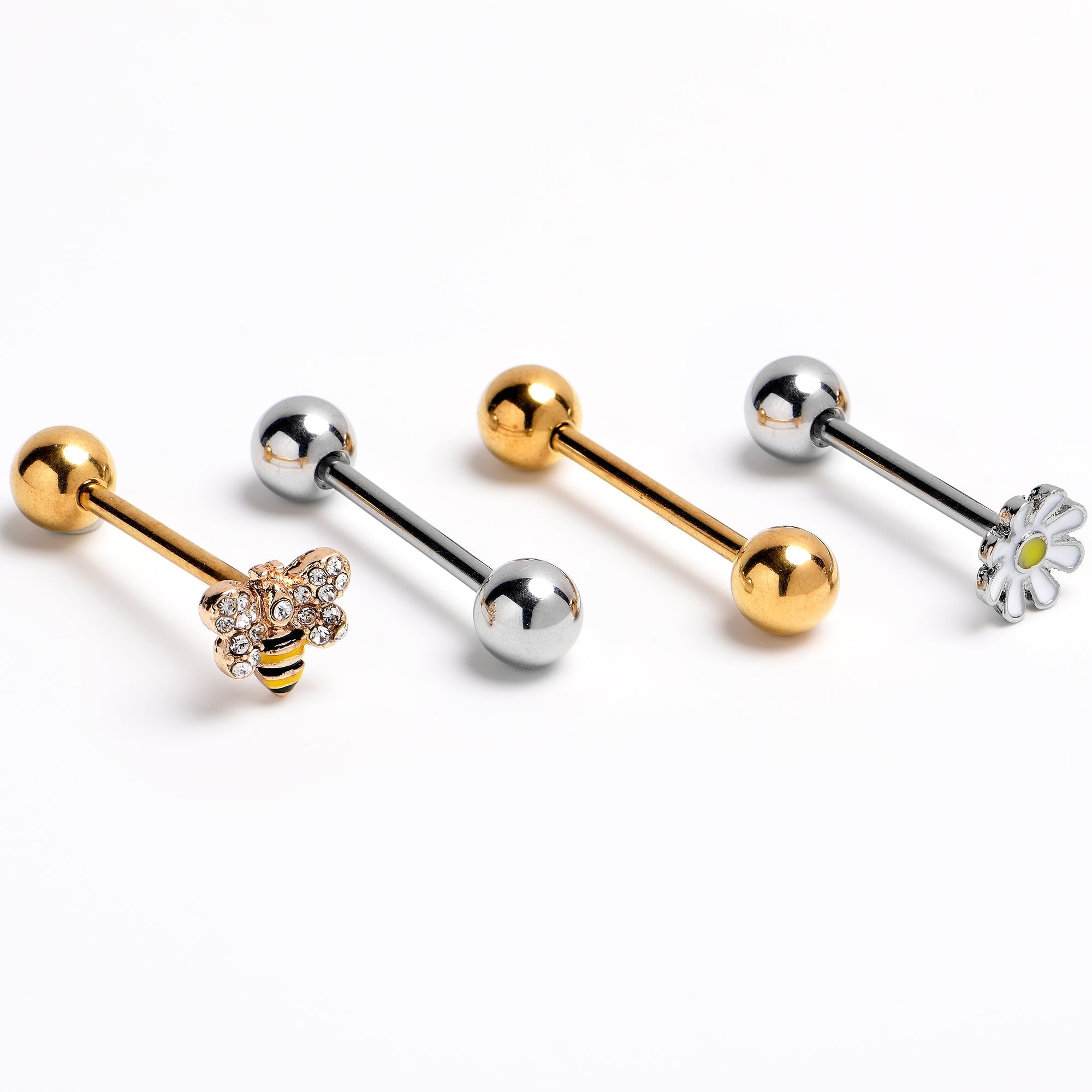 BodyCandy Clear Gem Gold Tone Daisy Bee Barbell Tongue Ring Set of 4 — main product shot
