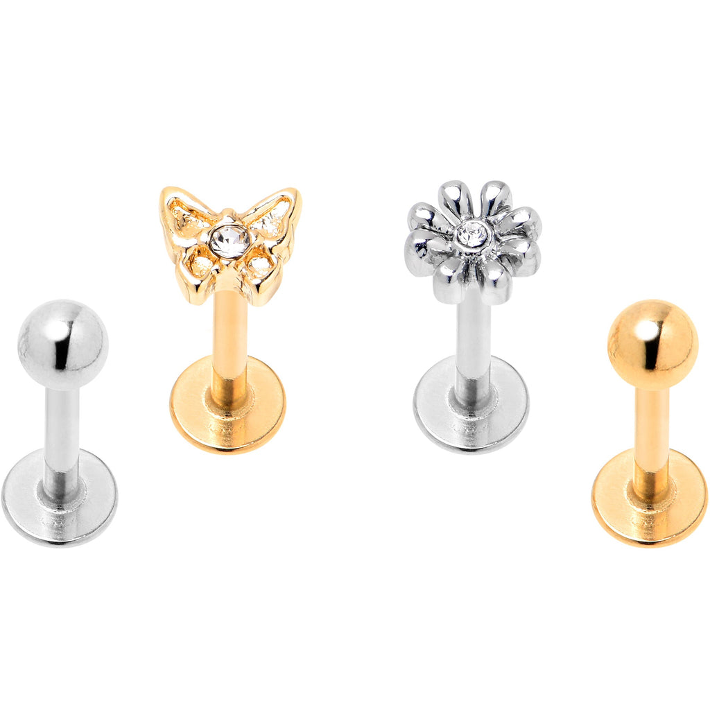 BodyCandy 16G 5/16 Clear Gem Gold Tone Flower Butterfly Labret Set of 4 — main product shot