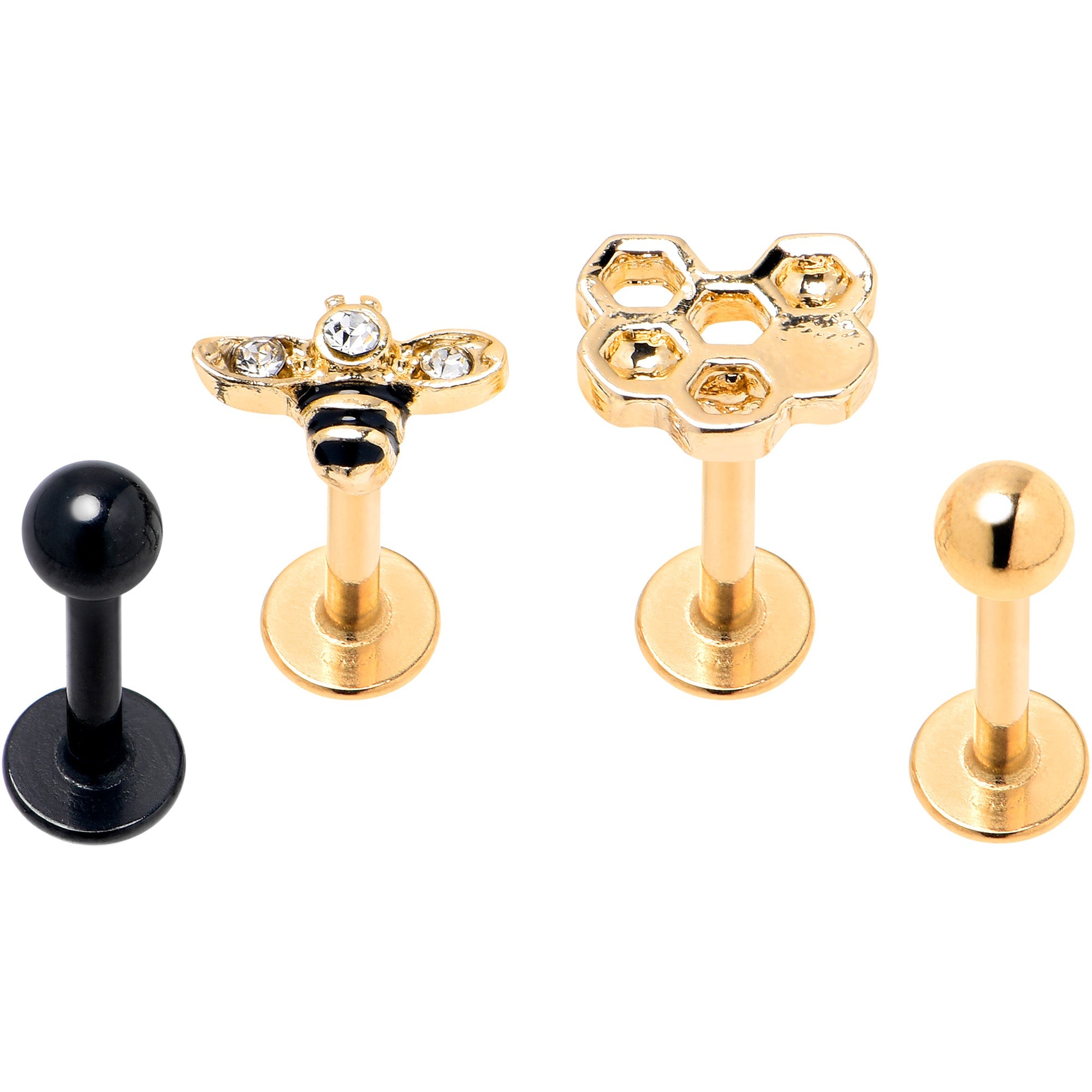 BodyCandy 16G 5/16 Clear Gem Gold Tone Bee Honeycomb Black Labret Set of 4 — main product shot