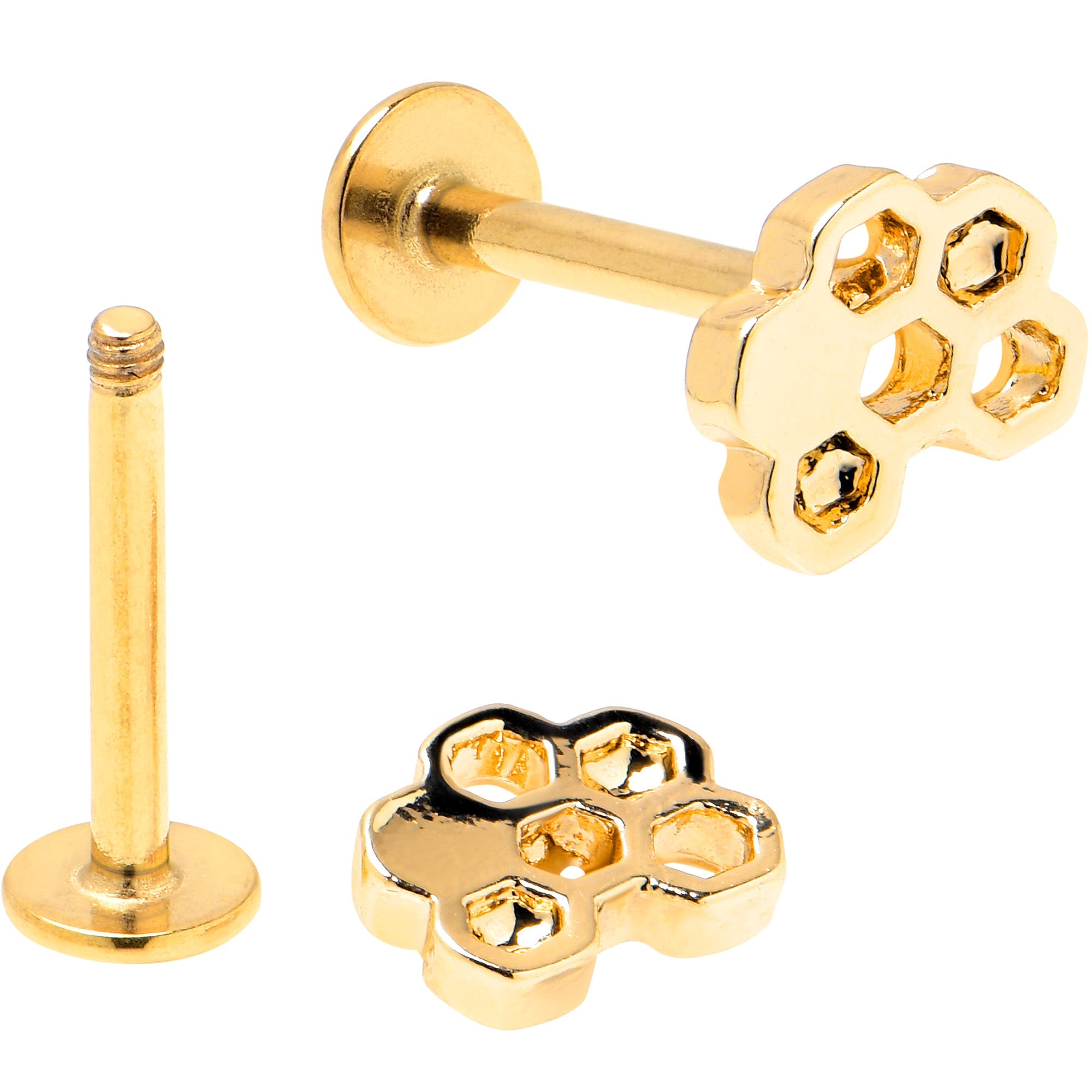 BodyCandy 16G 5/16 Clear Gem Gold Tone Bee Honeycomb Black Labret Set of 4 — side view