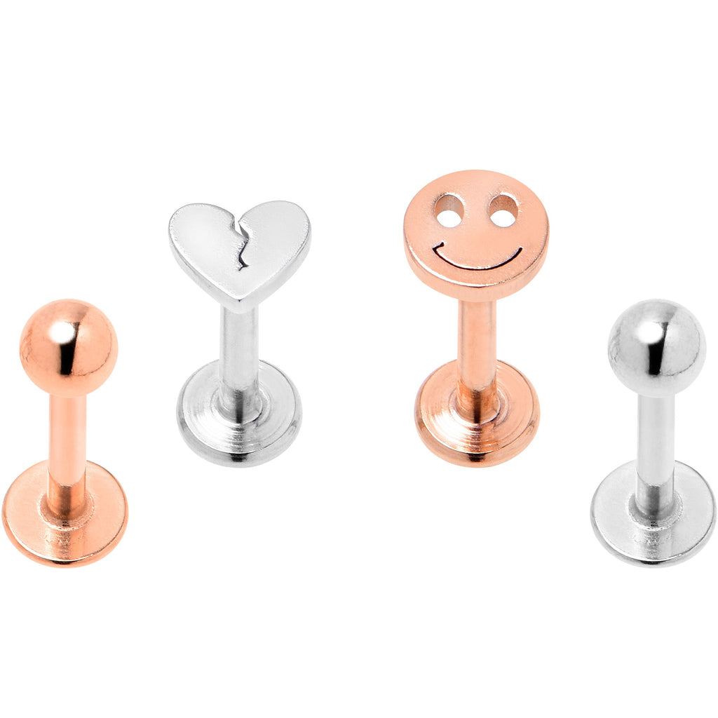 BodyCandy 16G 5/16 Rose Gold Tone Smiling Face Broken Heart Labret Set of 4 — main product shot