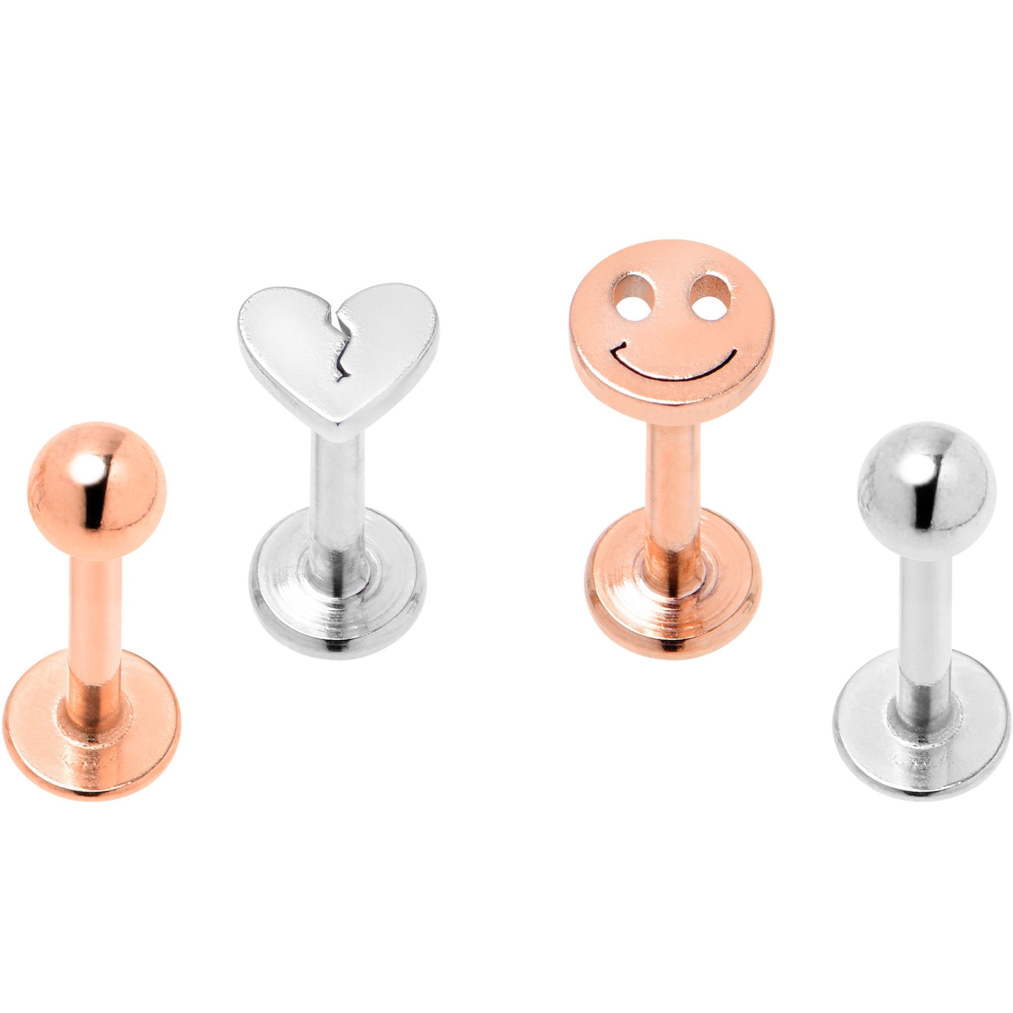 BodyCandy 16G 5/16 Rose Gold Tone Smiling Face Broken Heart Labret Set of 4 — main product shot