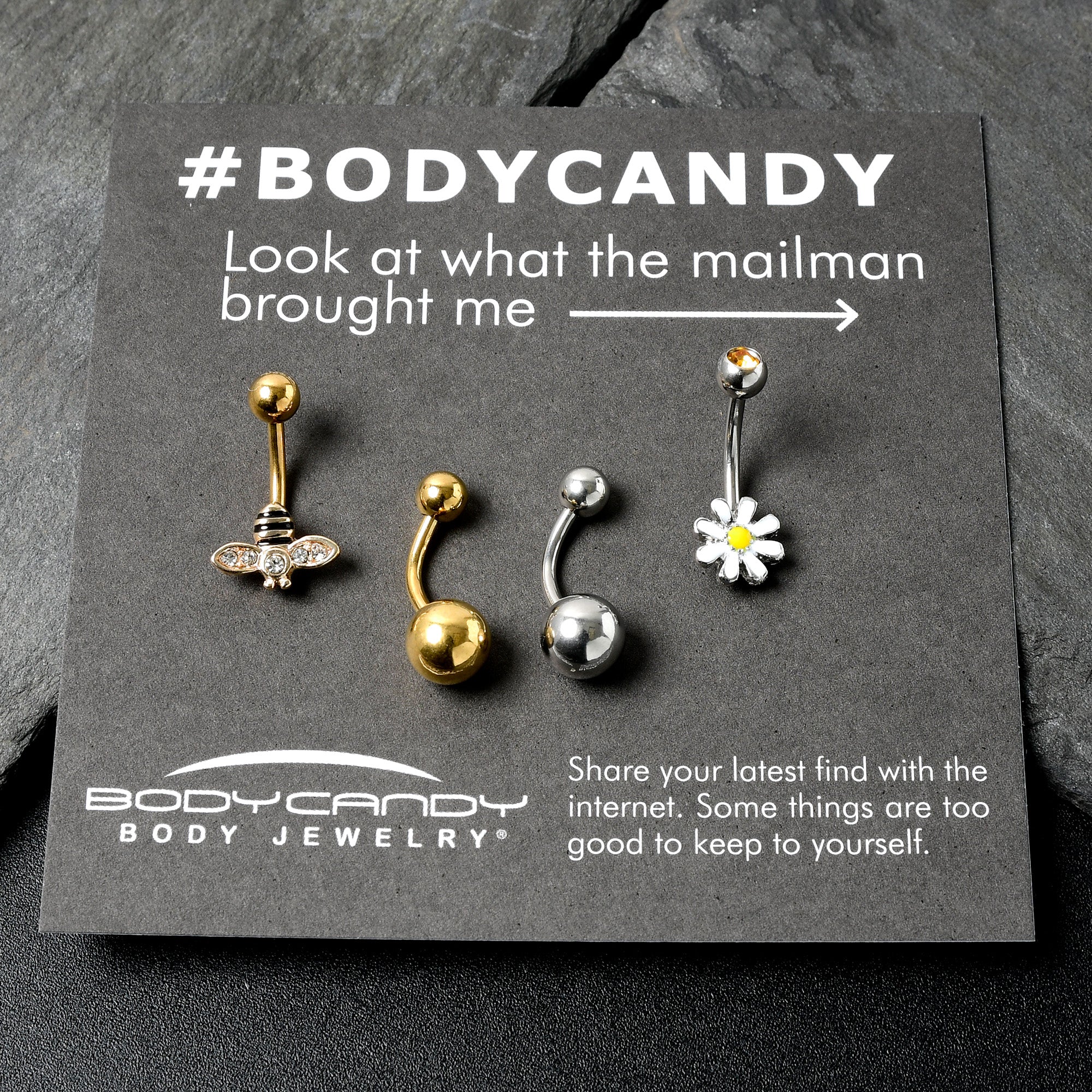 BodyCandy Clear Yellow Gem Gold Tone Bee Flower Belly Ring Set of 4 — size reference