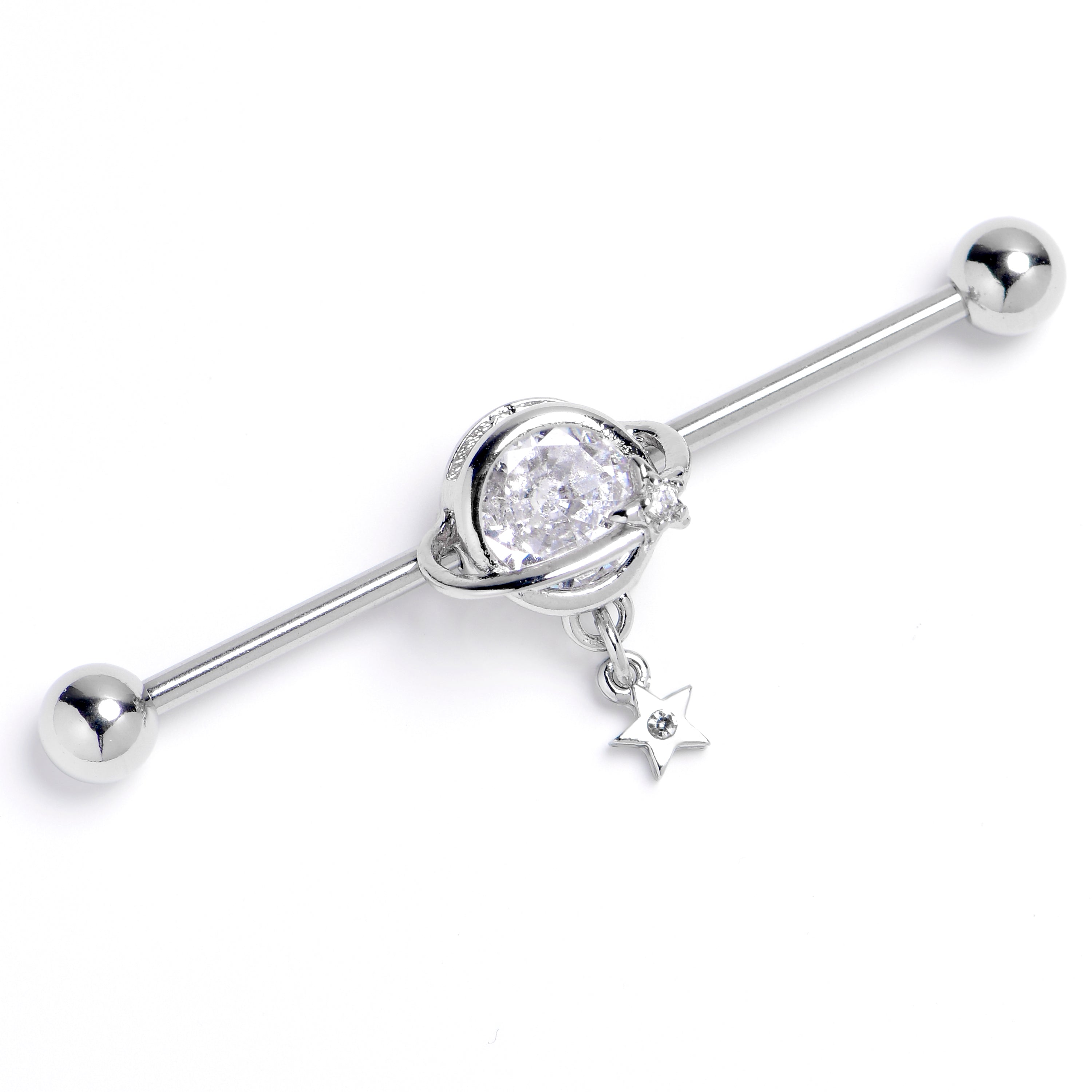BodyCandy 14G Clear Gem Starry Saturn Dangle Industrial Barbell 38mm — main product shot
