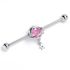 14G Pink Clear Gem Starry Saturn Dangle Industrial Barbell 38mm