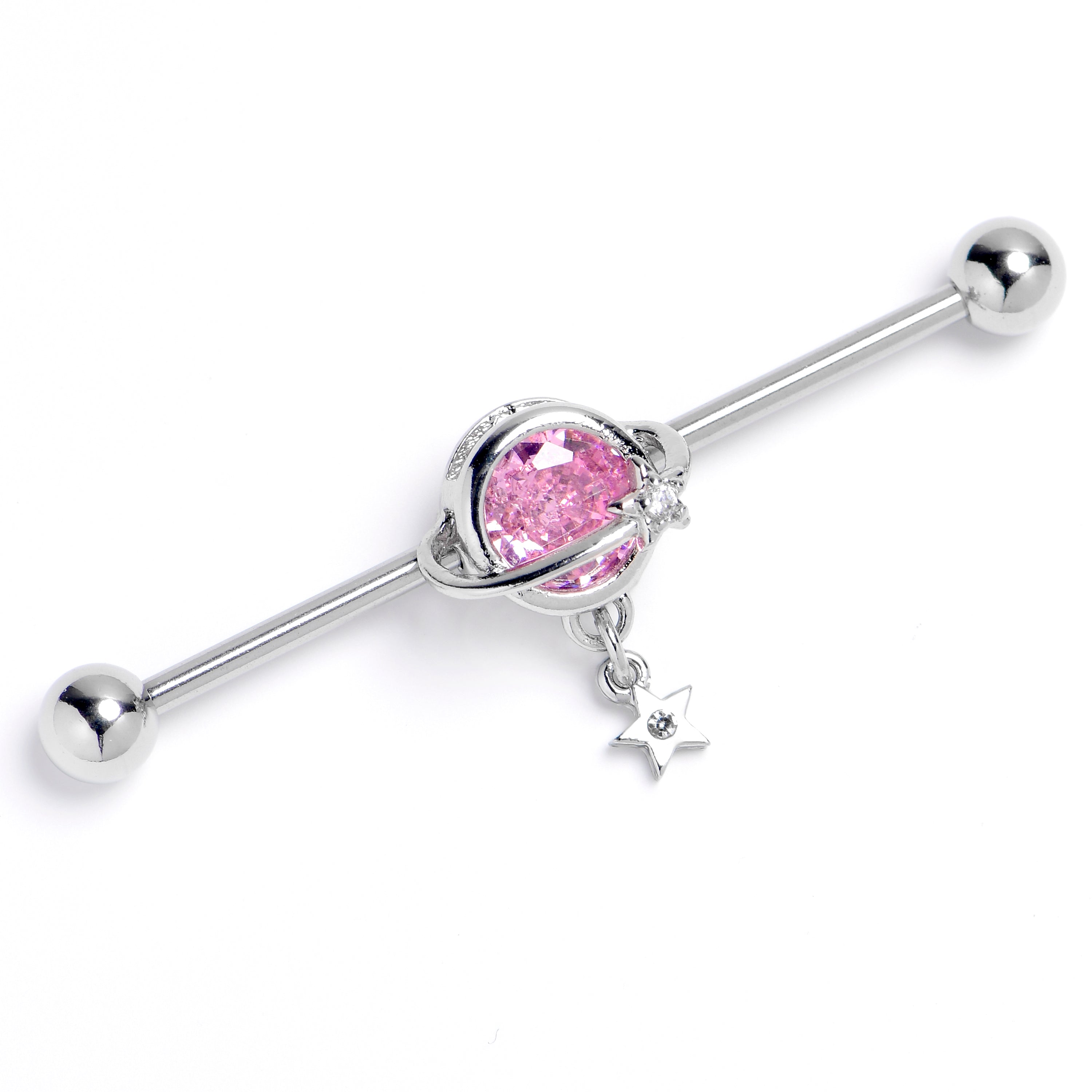 BodyCandy 14G Pink Clear Gem Starry Saturn Dangle Industrial Barbell 38mm — main product shot