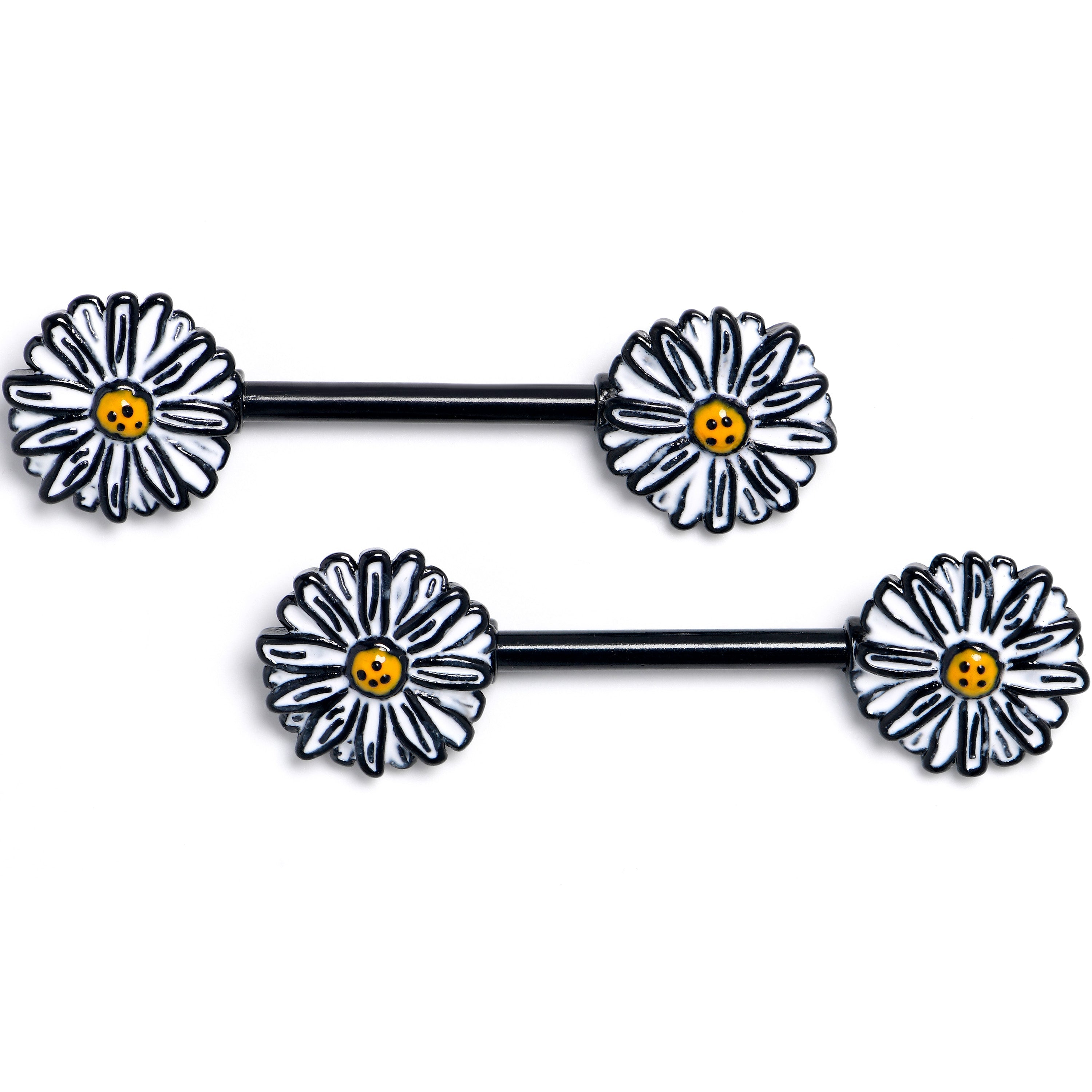 BodyCandy 14G 9/16 Black Pretty Daisy Flower Barbell Nipple Ring Set — main product shot