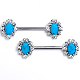 14G 9/16 Blue Turquoise Stone Filigree Square Nipple Ring Set