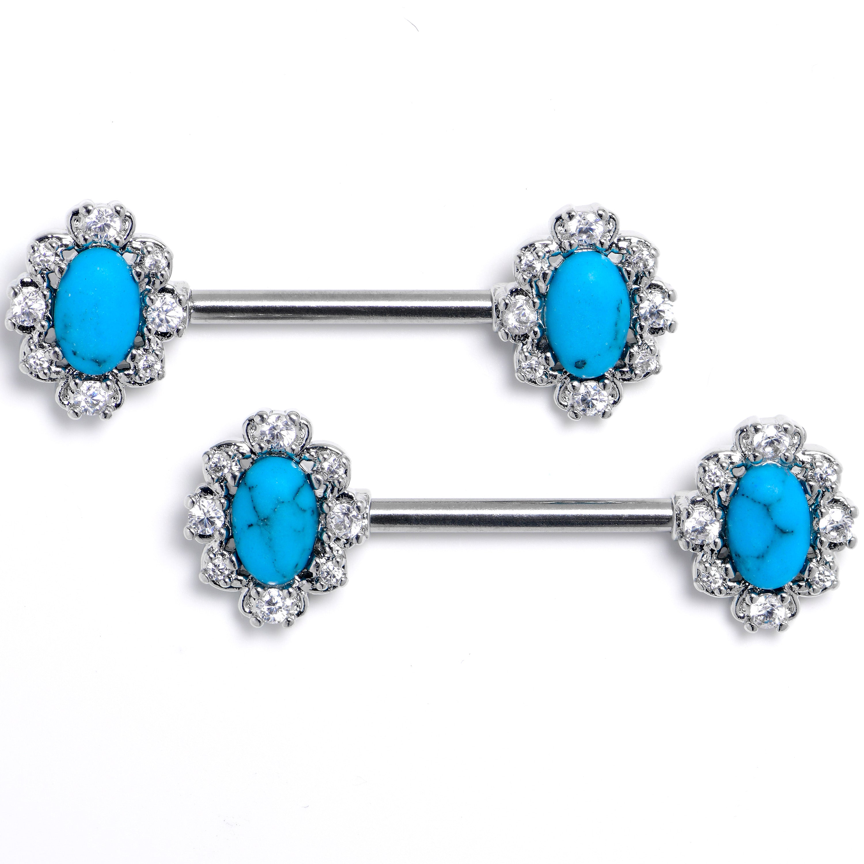 BodyCandy 14G 9/16 Blue Turquoise Stone Filigree Square Nipple Ring Set — main product shot