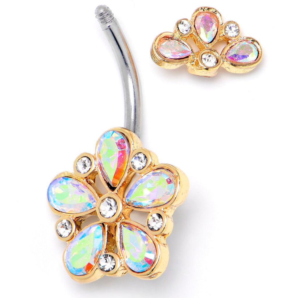 BodyCandy Aurora Clear Gem Filigree Flower Fantasy Double Mount Belly Ring — detail close-up