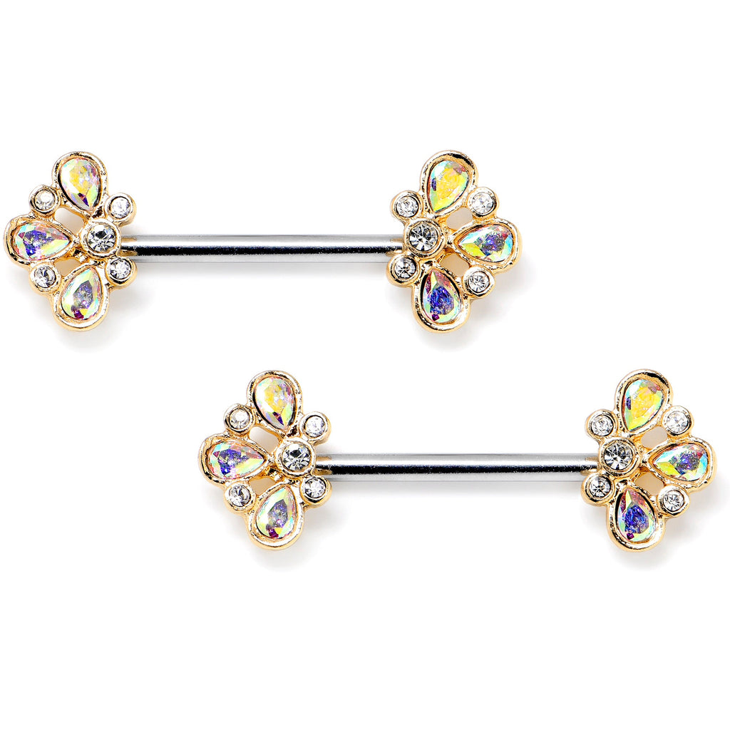 BodyCandy 14G 9/16 Aurora Gem Golden Crown Deluxe Barbell Nipple Ring Set — main product shot
