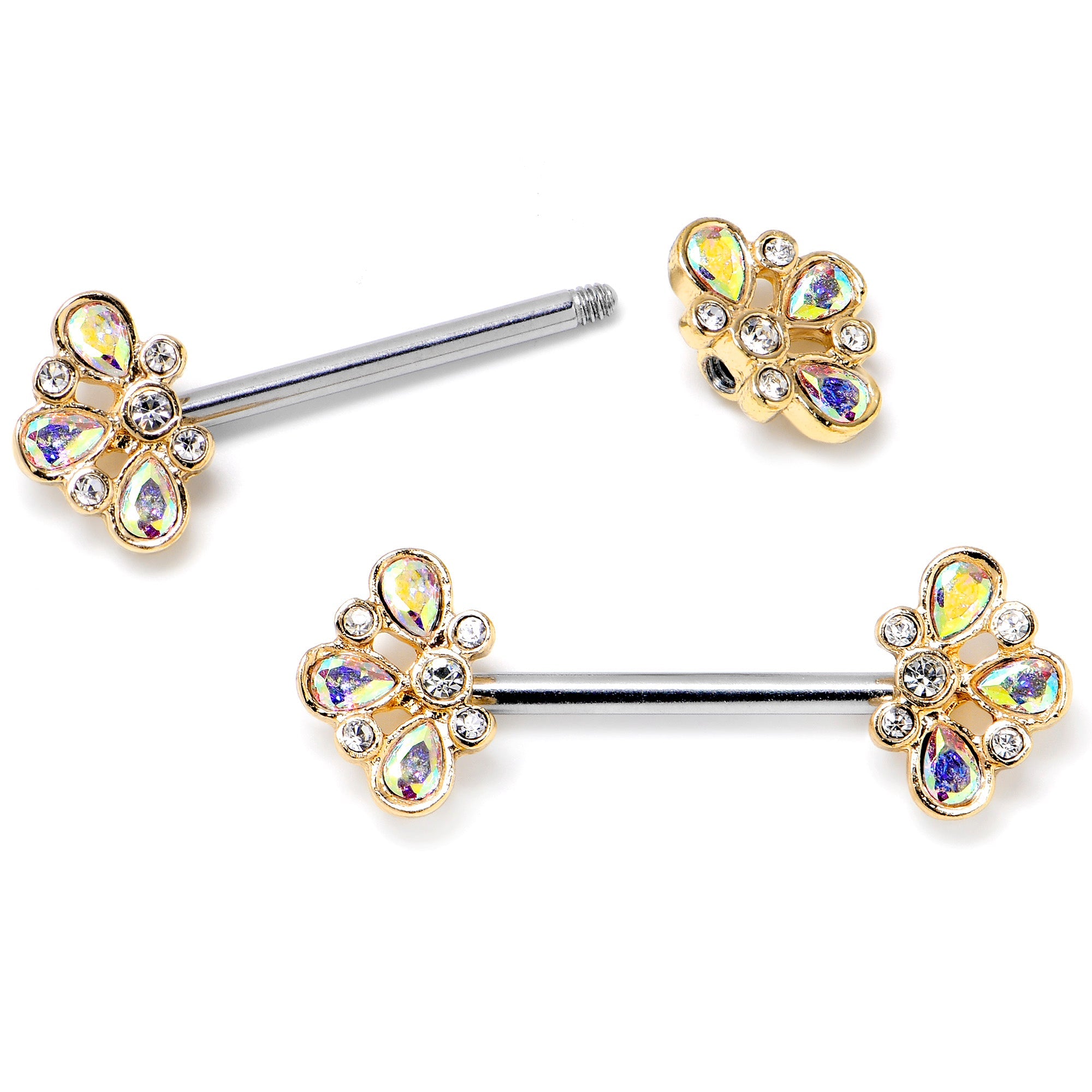 BodyCandy 14G 9/16 Aurora Gem Golden Crown Deluxe Barbell Nipple Ring Set — detail close-up