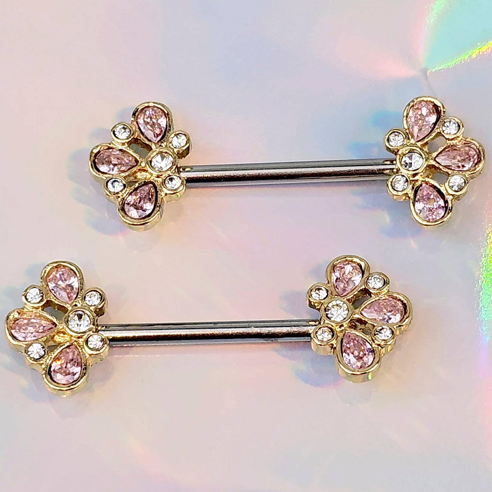 BodyCandy 14G 9/16 Pink Gem Filigree Flower Fantasy Barbell Nipple Ring Set — main product shot