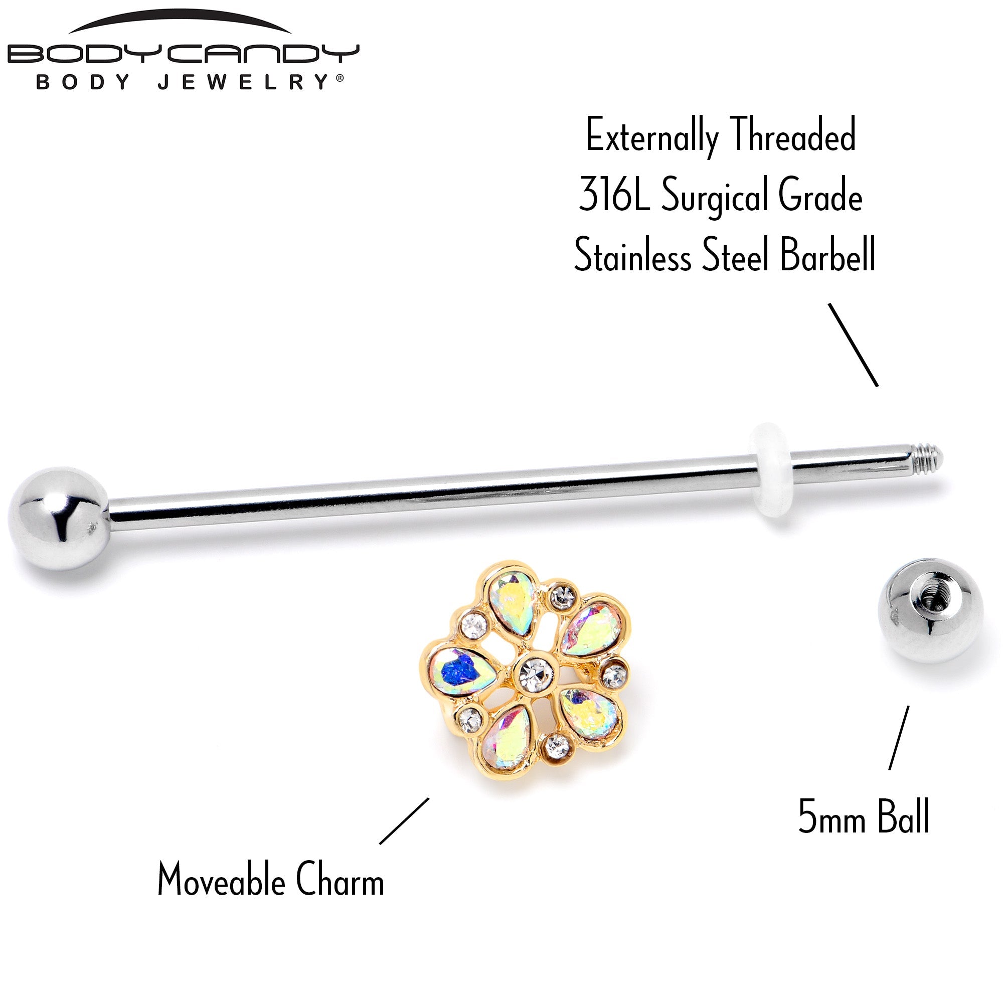 BodyCandy 14G Aurora Gem Filigree Flower Fantasy Industrial Barbell 38mm — back view