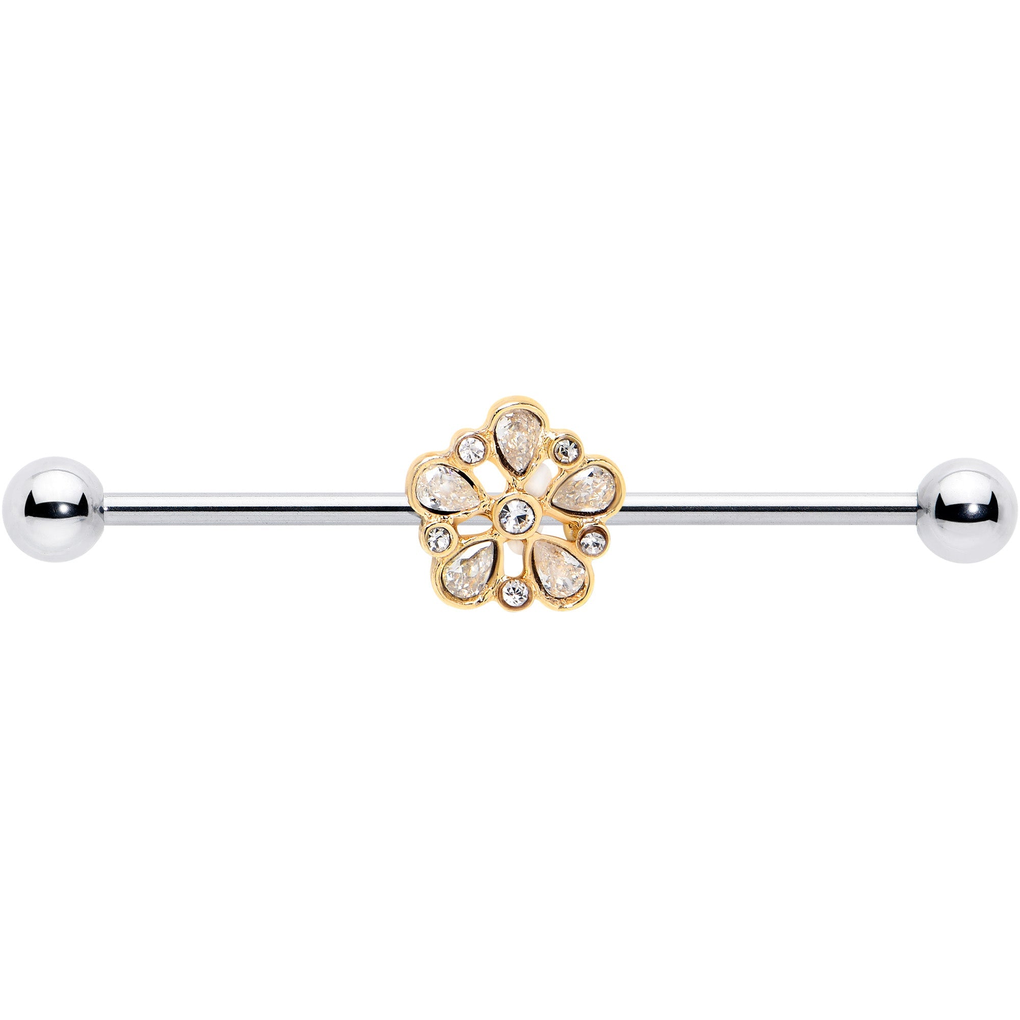 BodyCandy 14G Clear Gem Filigree Flower Fantasy Industrial Barbell 38mm — detail close-up