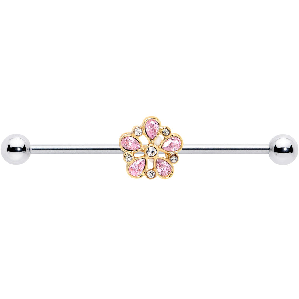 BodyCandy 14G Pink Gem Filigree Flower Fantasy Industrial Barbell 38mm — detail close-up