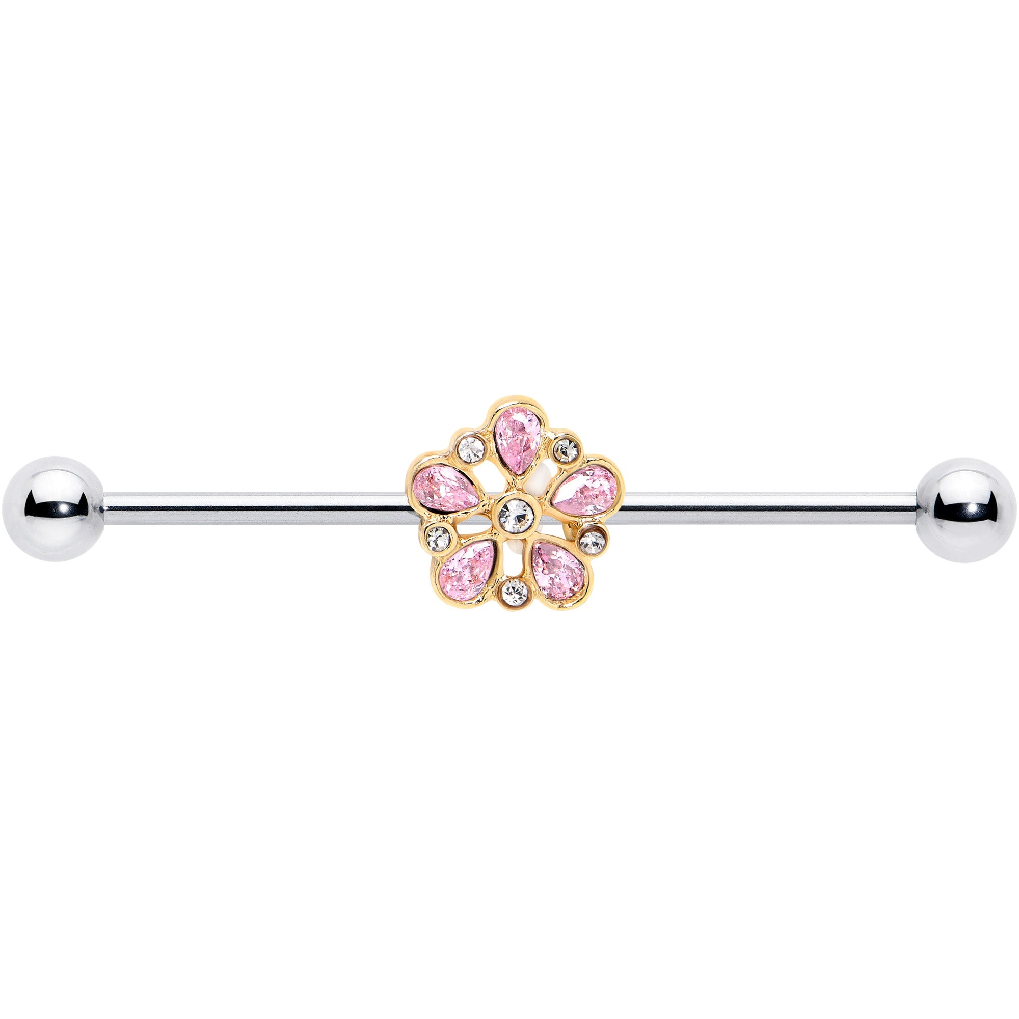 BodyCandy 14G Pink Gem Filigree Flower Fantasy Industrial Barbell 38mm — detail close-up