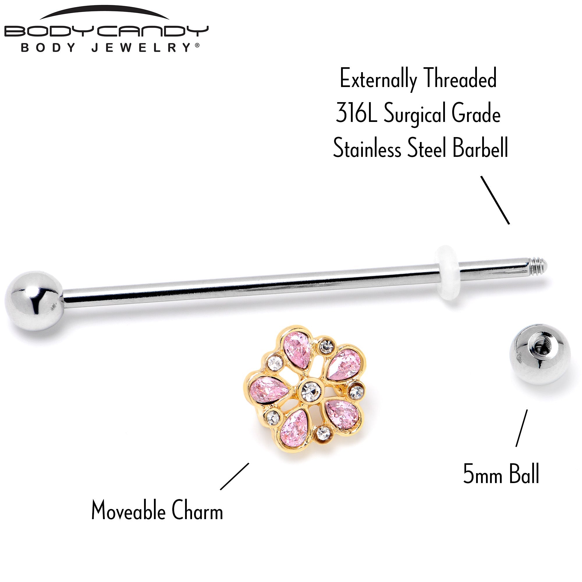 BodyCandy 14G Pink Gem Filigree Flower Fantasy Industrial Barbell 38mm — back view